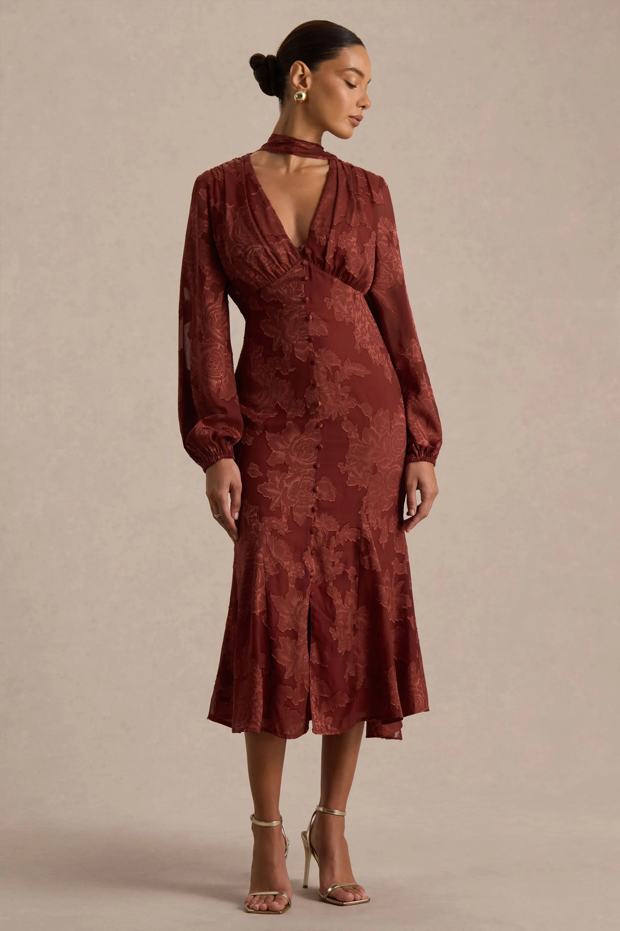 Sabina | Rust Devore Plunge-Neck Midi Dress sold by Club L London