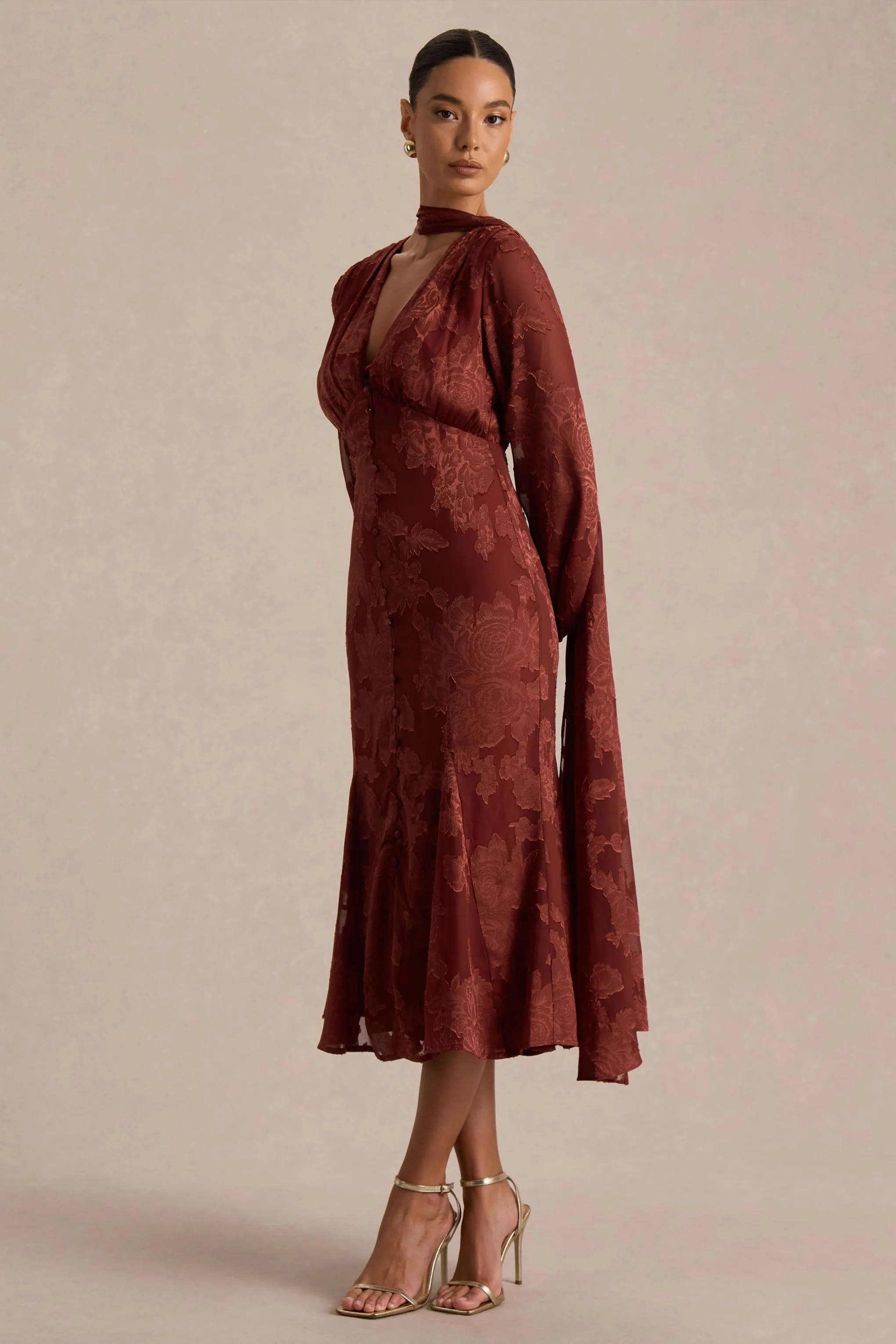 Sabina | Rust Devore Plunge-Neck Midi Dress sold by Club L London product image thumbnail 5