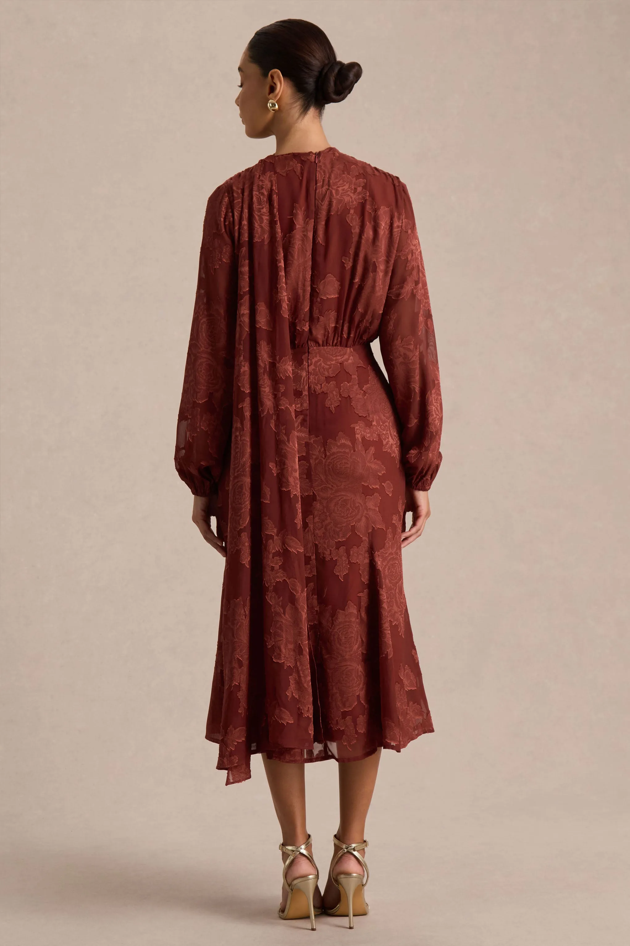 Sabina | Rust Devore Plunge-Neck Midi Dress sold by Club L London product image thumbnail 2