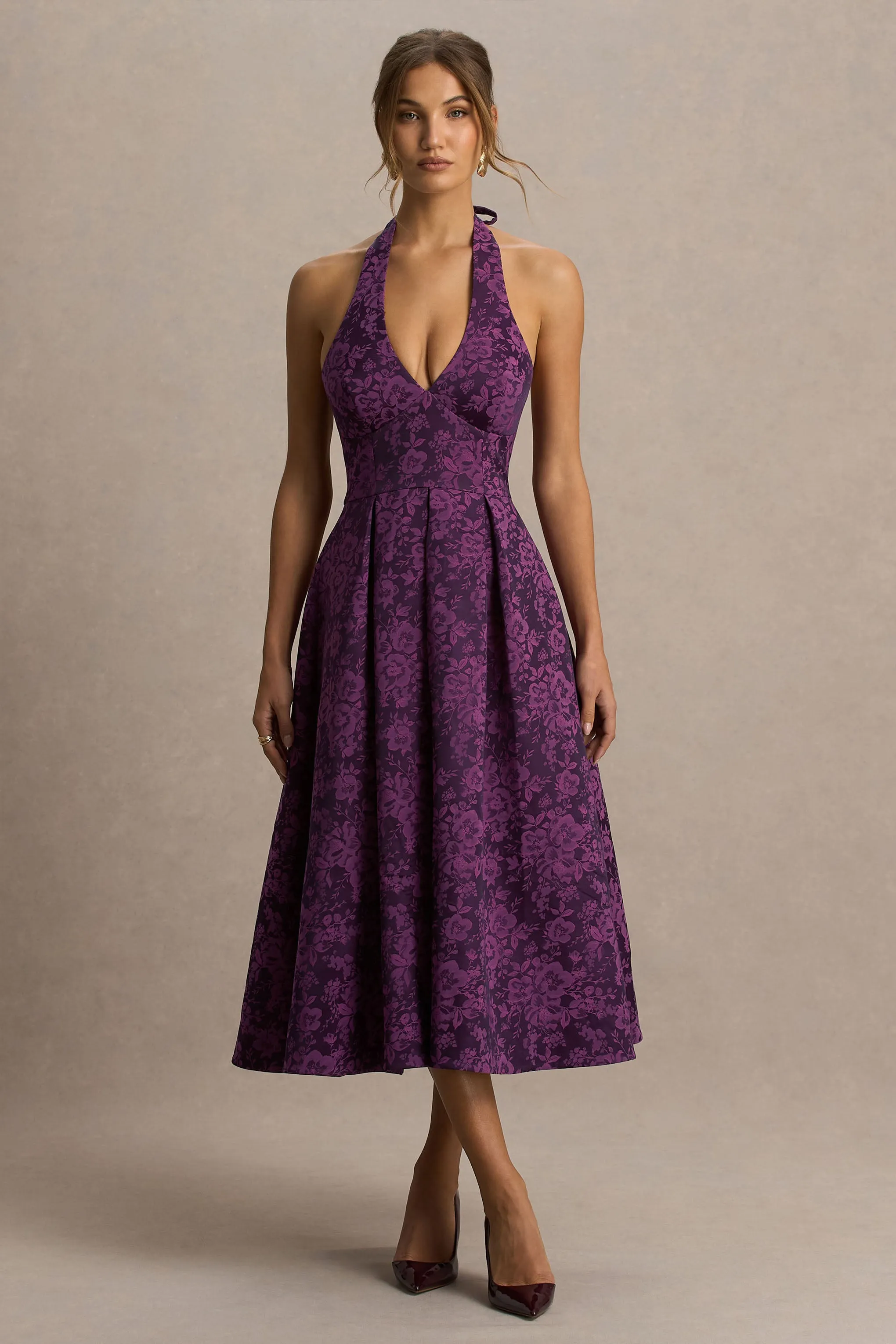 Isabeau | Purple Satin Plunge-Neck Midi Dress sold by Club L London product image thumbnail 5