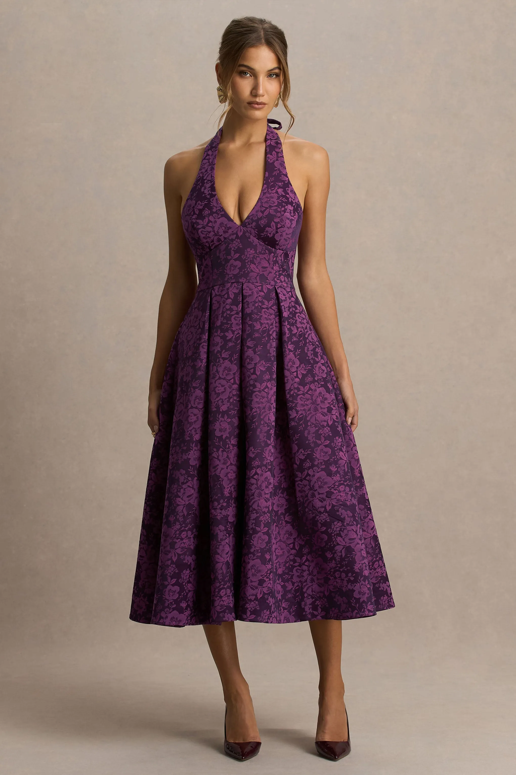 Isabeau | Purple Satin Plunge-Neck Midi Dress sold by Club L London product image thumbnail 4
