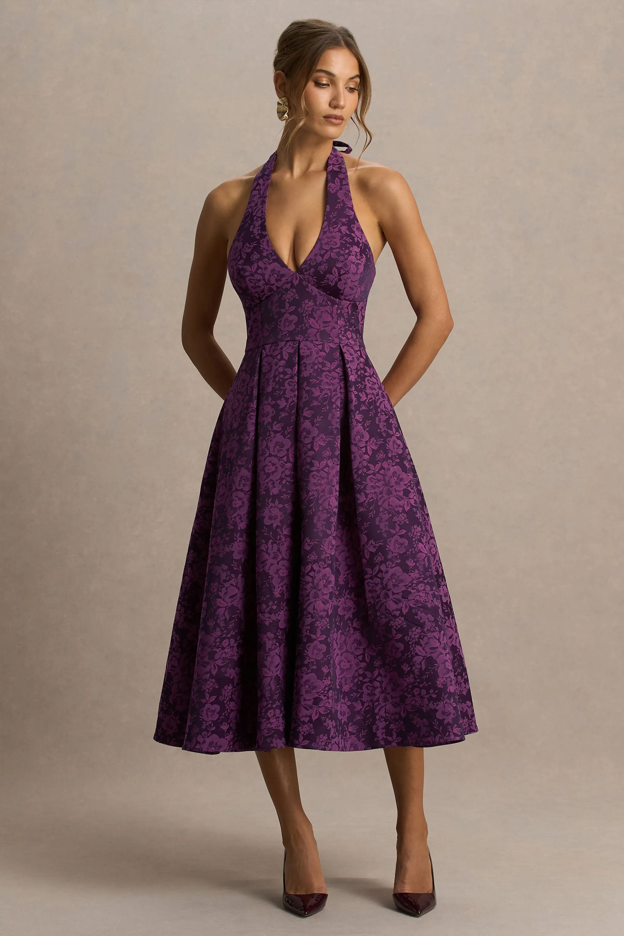 Isabeau | Purple Satin Plunge-Neck Midi Dress sold by Club L London