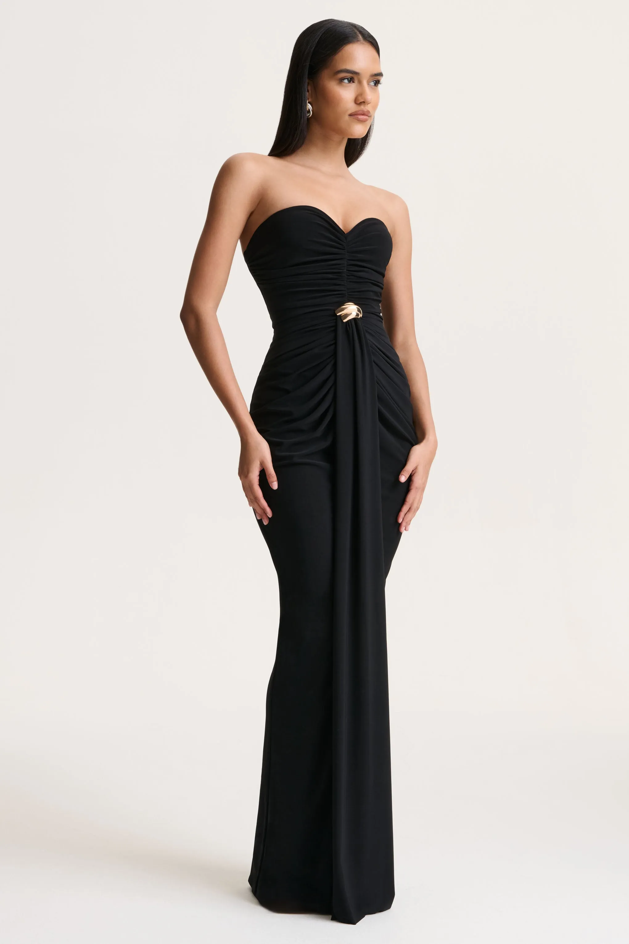 Beverly | Black Bandeau Maxi Dress With Gathered-Detailing sold by Club L London product image thumbnail 4
