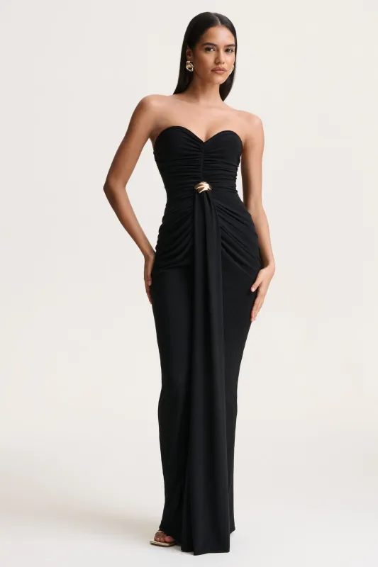 Beverly | Black Bandeau Maxi Dress With Gathered-Detailing sold by Club L London