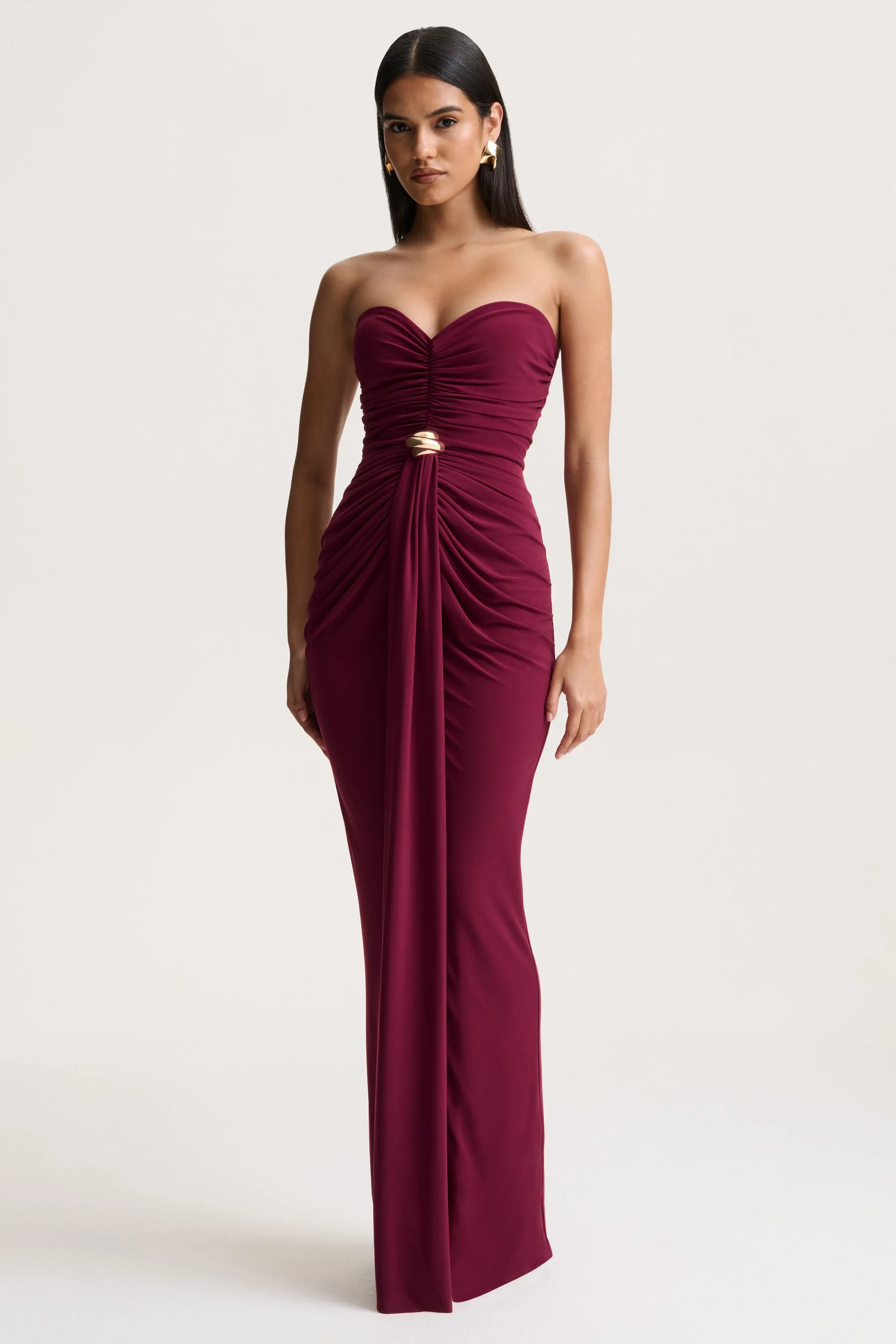 Beverly | Burgundy Bandeau Maxi Dress With Gathered-Detailing sold by Club L London product image thumbnail 4
