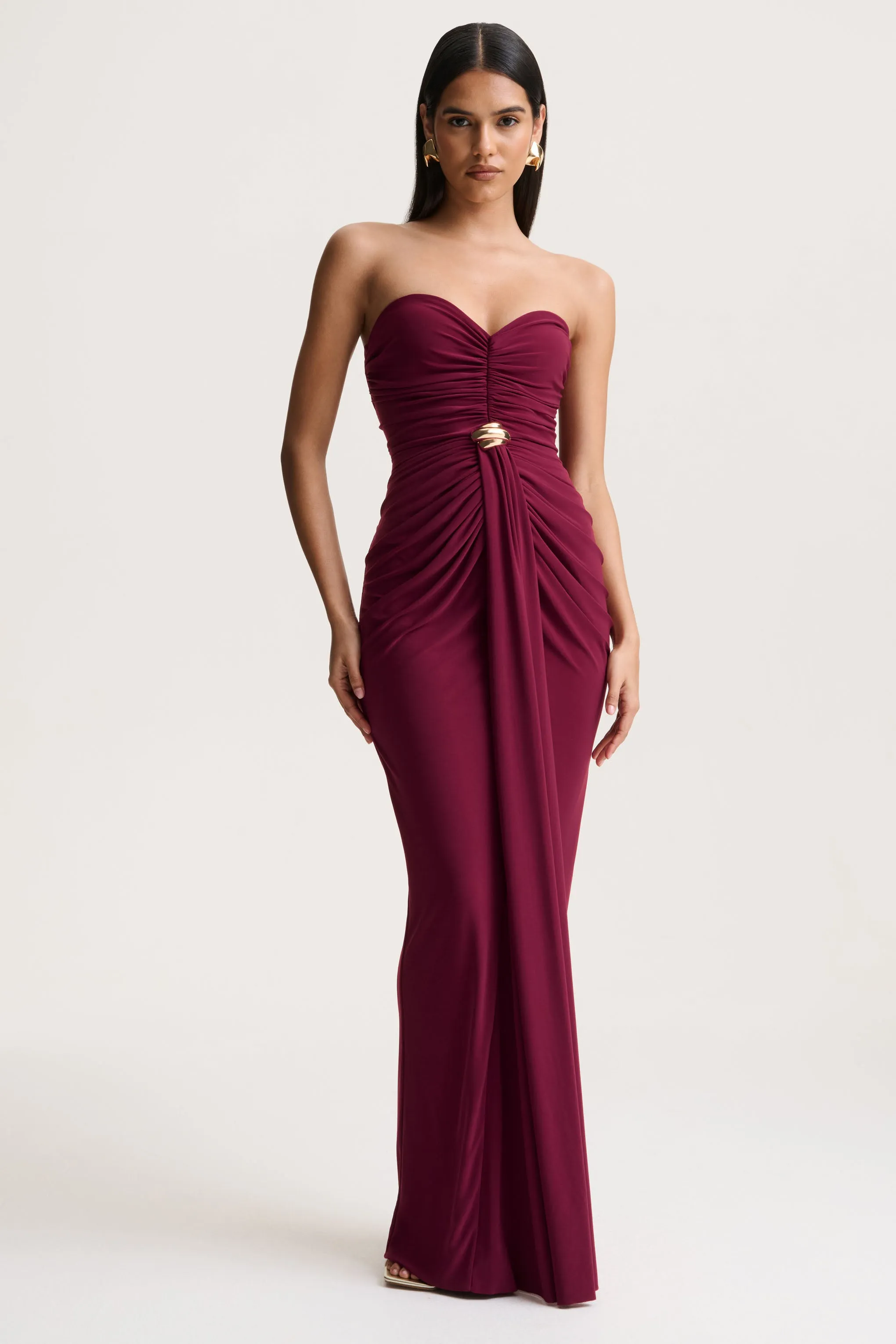 Beverly | Burgundy Bandeau Maxi Dress With Gathered-Detailing sold by Club L London
