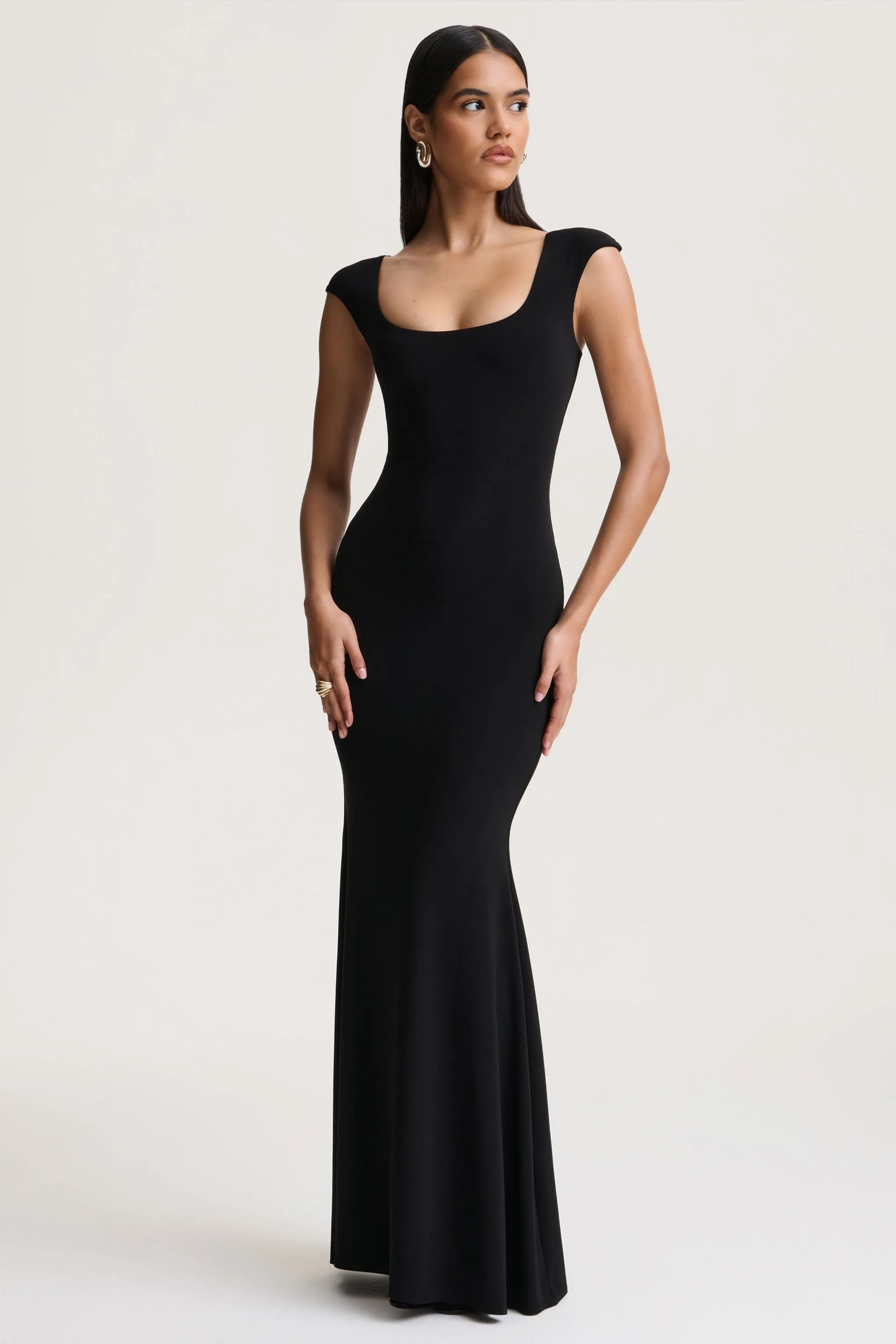 Piper | Black Square-Neck Maxi Dress With Cap-Sleeves sold by Club L London