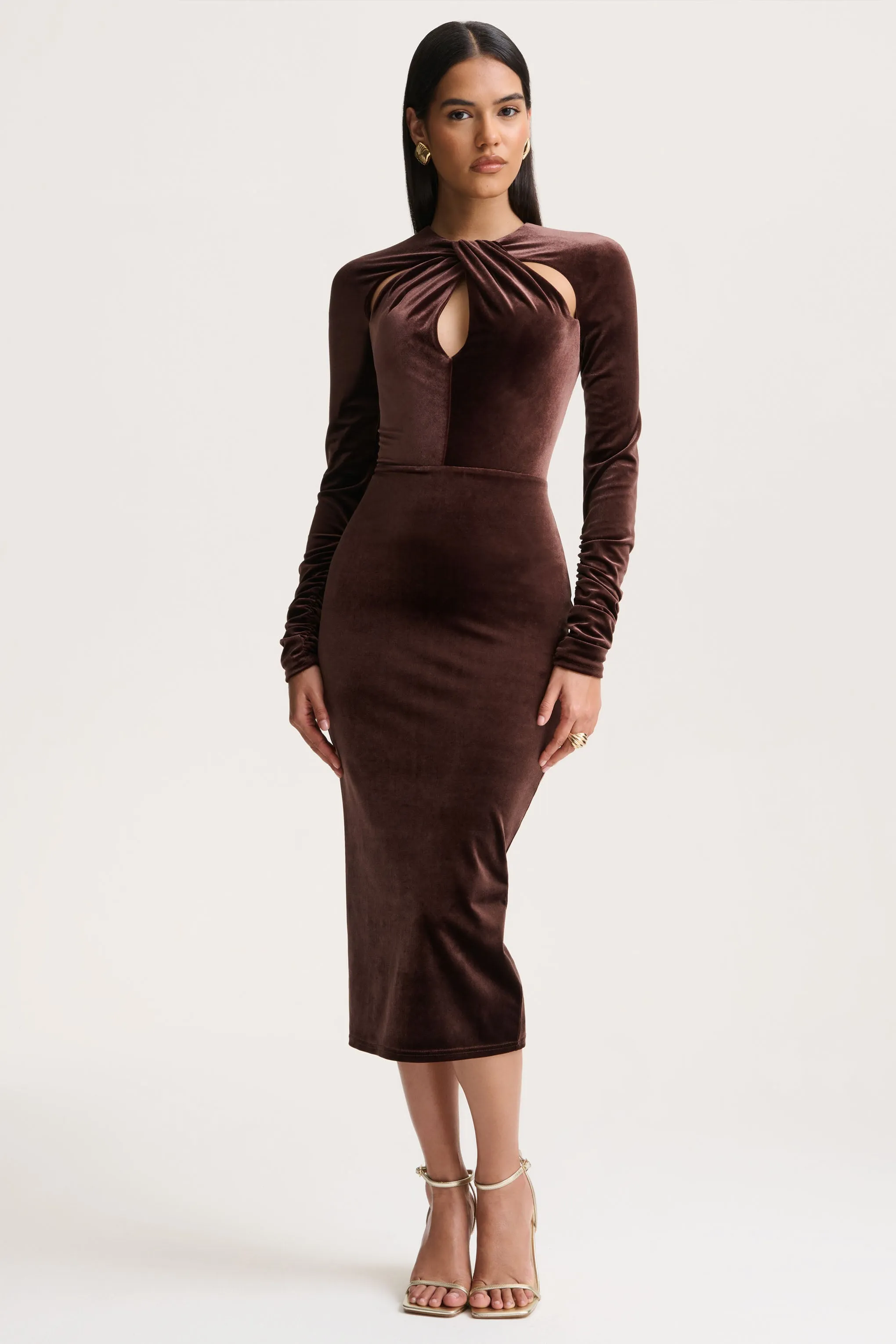 Francine | Brown Velvet Round-Neck Midi Dress With Cut-Out Details sold by Club L London product image thumbnail 3