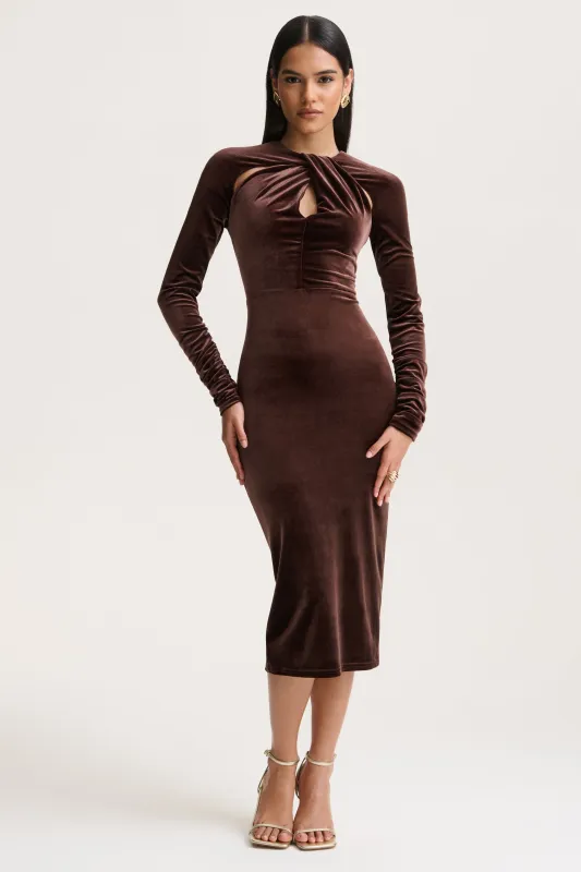 Francine | Brown Velvet Round-Neck Midi Dress With Cut-Out Details sold by Club L London