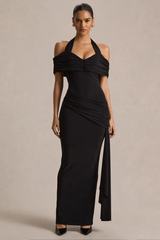 Camille | Black Bardot-Neck Maxi Dress sold by Club L London
