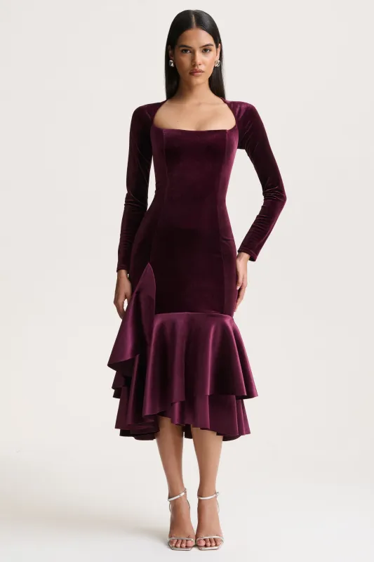 Emberlyn | Burgundy Velvet Scoop-Neck Fishtail Midi Dress sold by Club L London
