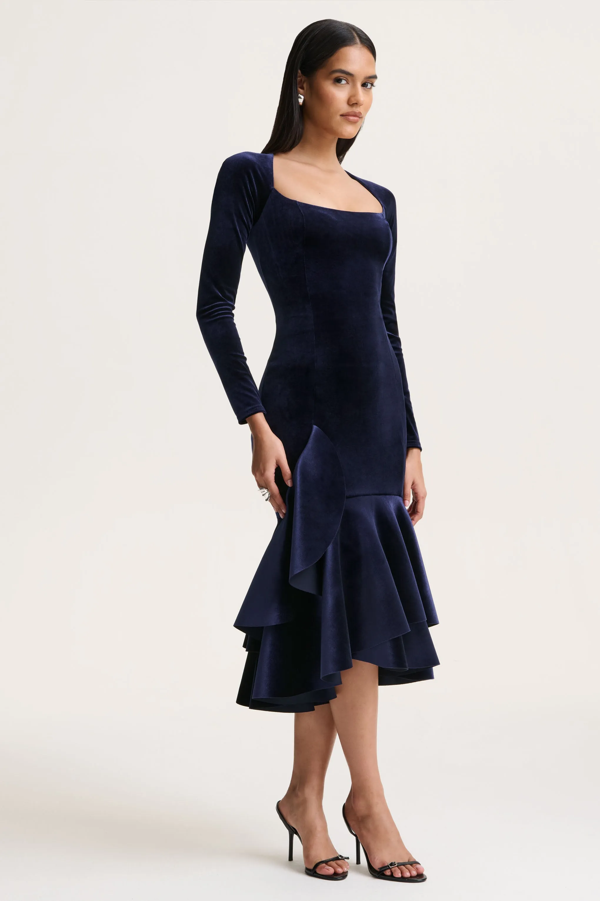 Emberlyn | Navy Velvet Scoop-Neck Fishtail Midi Dress sold by Club L London product image thumbnail 4