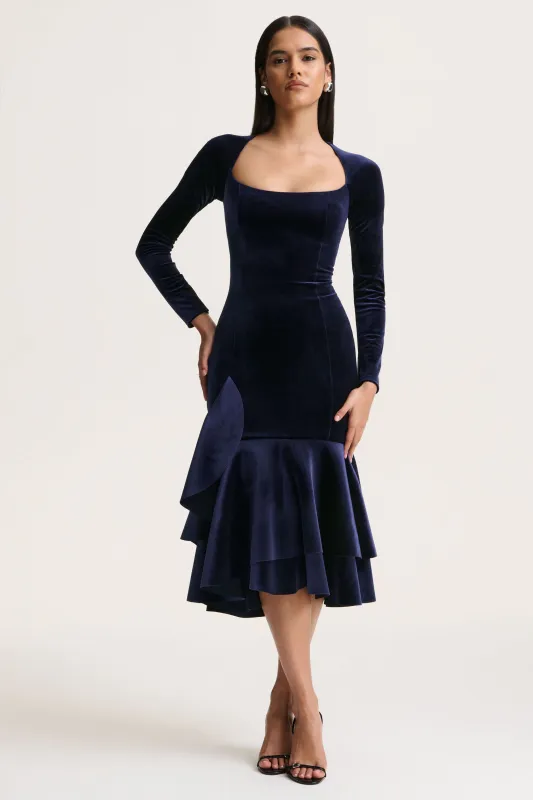Emberlyn | Navy Velvet Scoop-Neck Fishtail Midi Dress sold by Club L London