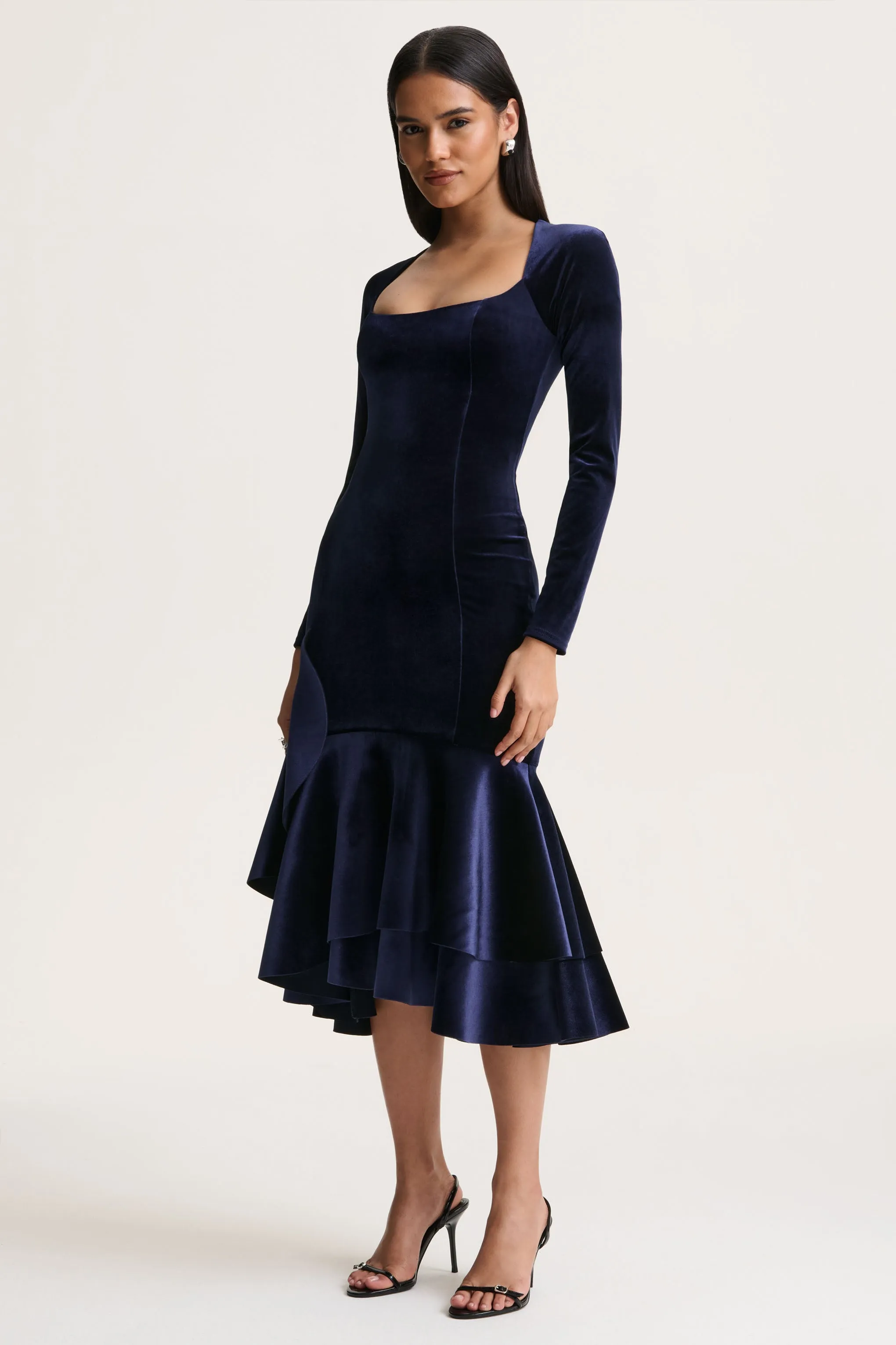 Emberlyn | Navy Velvet Scoop-Neck Fishtail Midi Dress sold by Club L London product image thumbnail 5