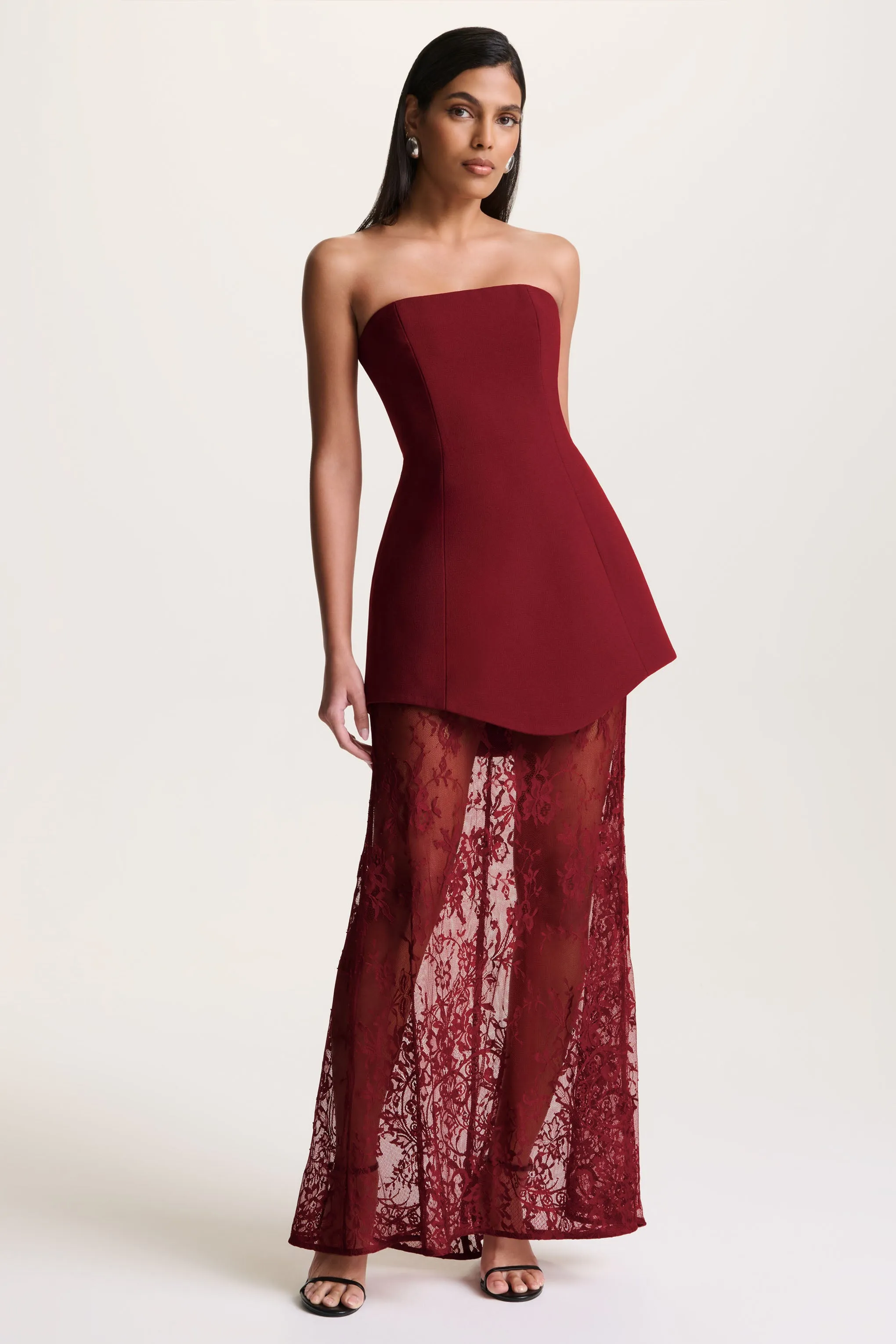 Brandi | Burgundy Bandeau Maxi Dress With Lace Skirt sold by Club L London product image thumbnail 4