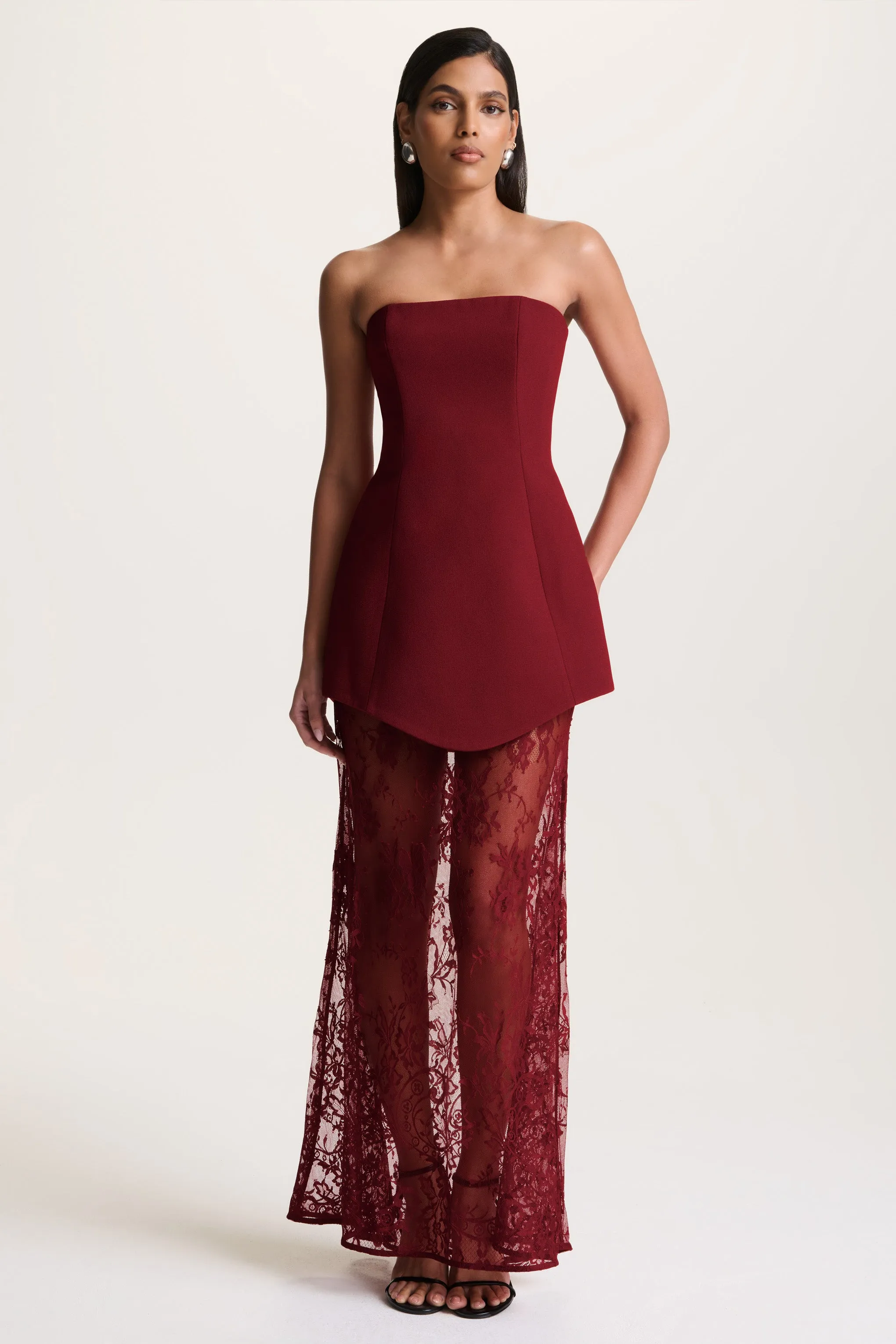 Brandi | Burgundy Bandeau Maxi Dress With Lace Skirt sold by Club L London