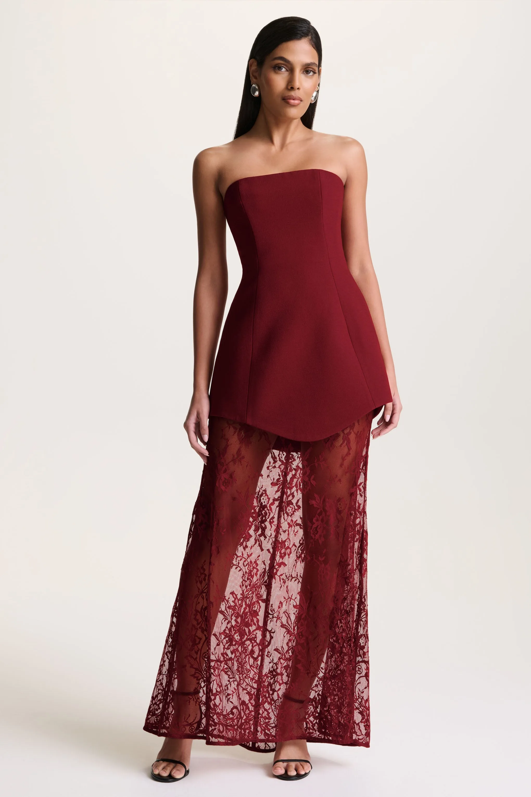 Brandi | Burgundy Bandeau Maxi Dress With Lace Skirt sold by Club L London product image thumbnail 5