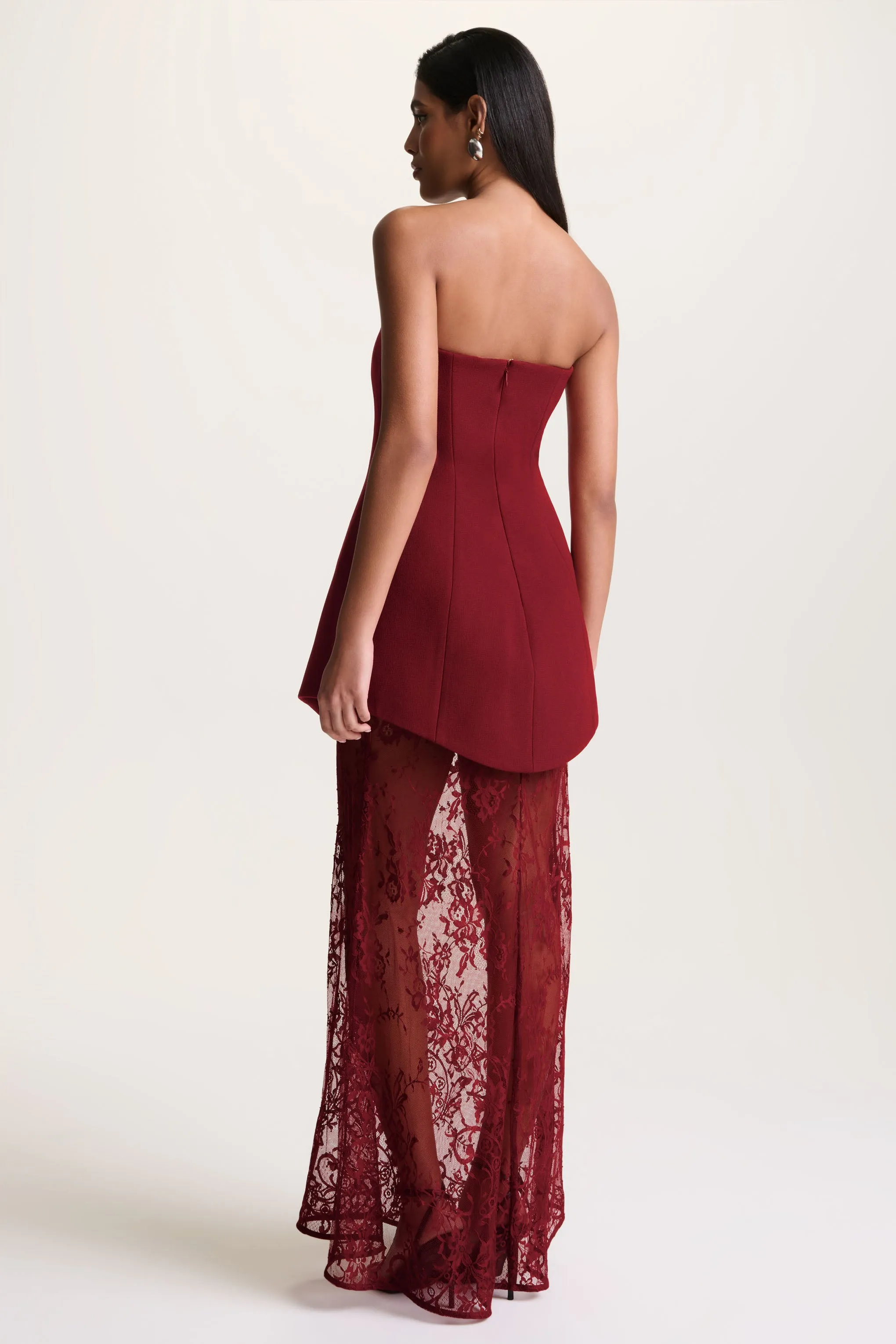 Brandi | Burgundy Bandeau Maxi Dress With Lace Skirt sold by Club L London product image thumbnail 2