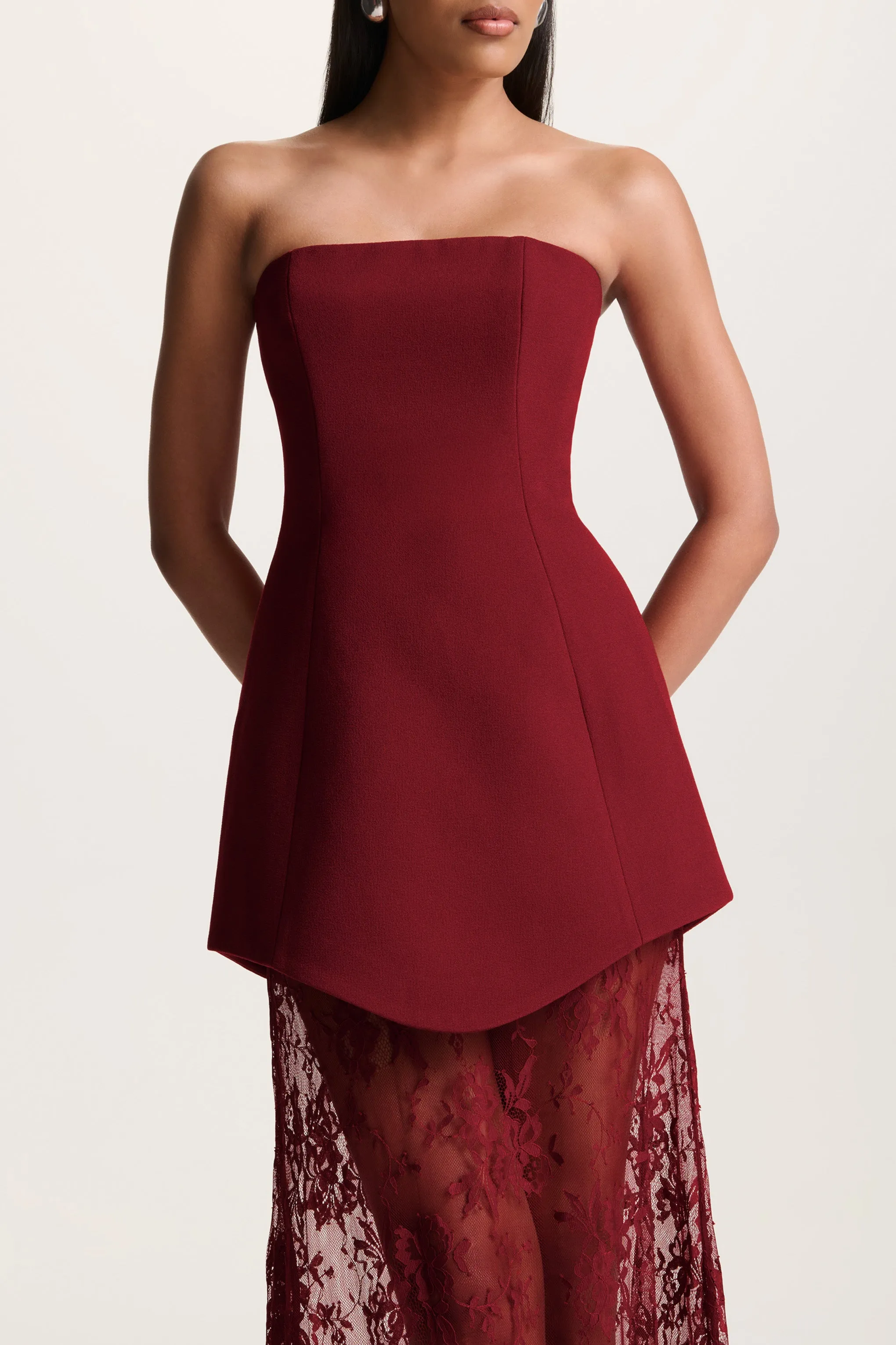 Brandi | Burgundy Bandeau Maxi Dress With Lace Skirt sold by Club L London product image thumbnail 3