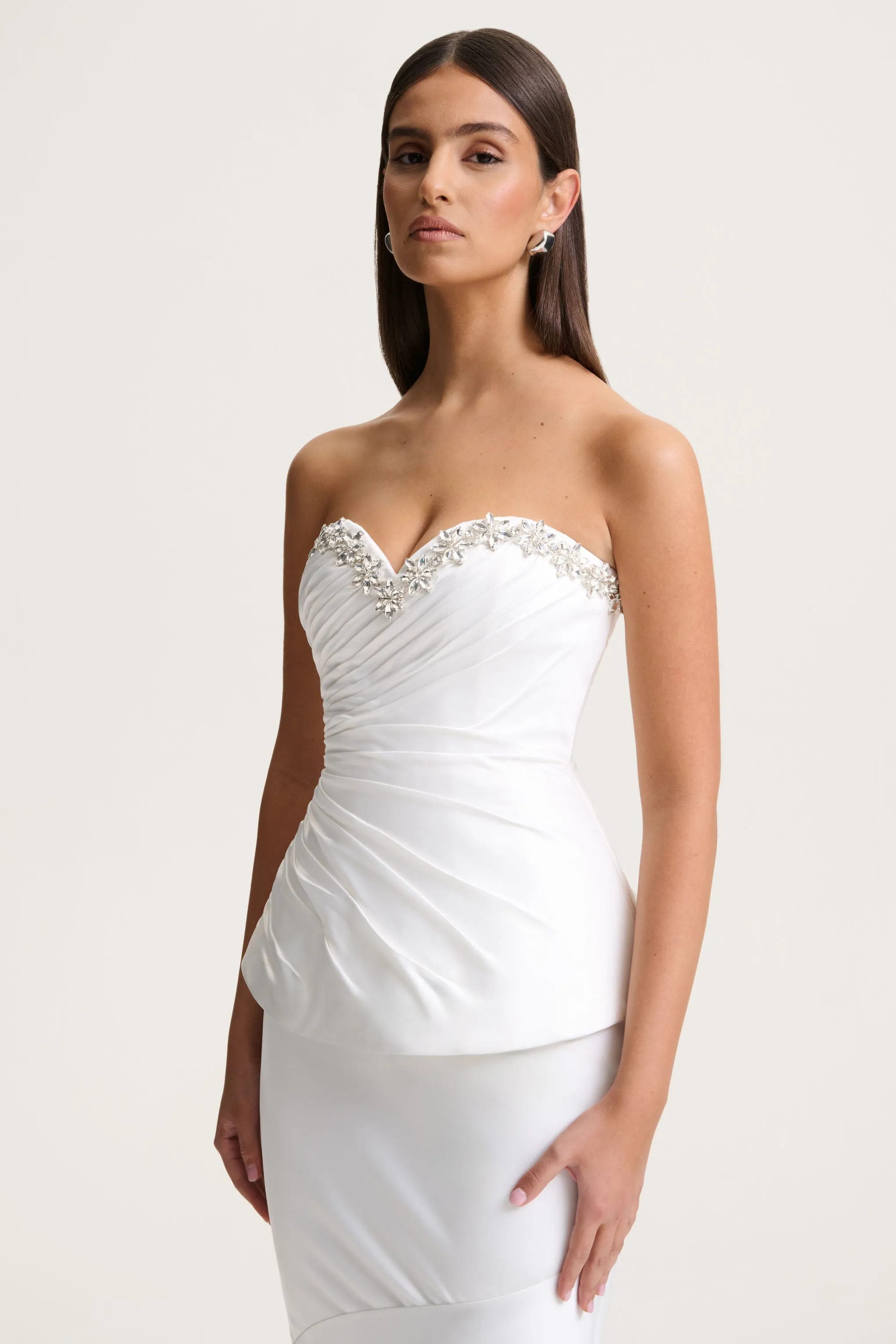 Ambria | White Satin Hand-Embellished Sweetheart-Neck Corset Top sold by Club L London product image thumbnail 3