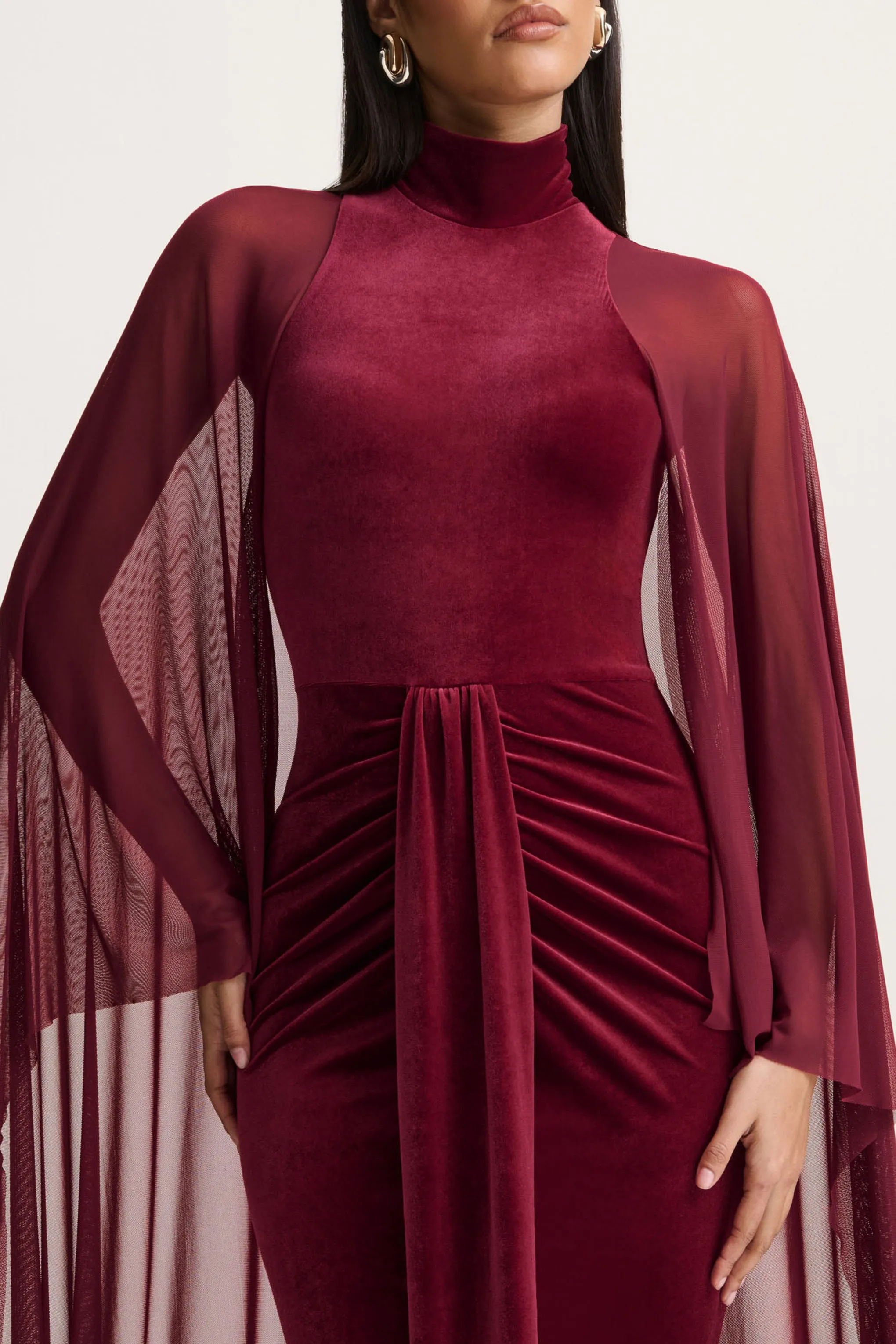 Adoring | Burgundy Velvet High-Neck Maxi Dress With Cape sold by Club L London product image thumbnail 3