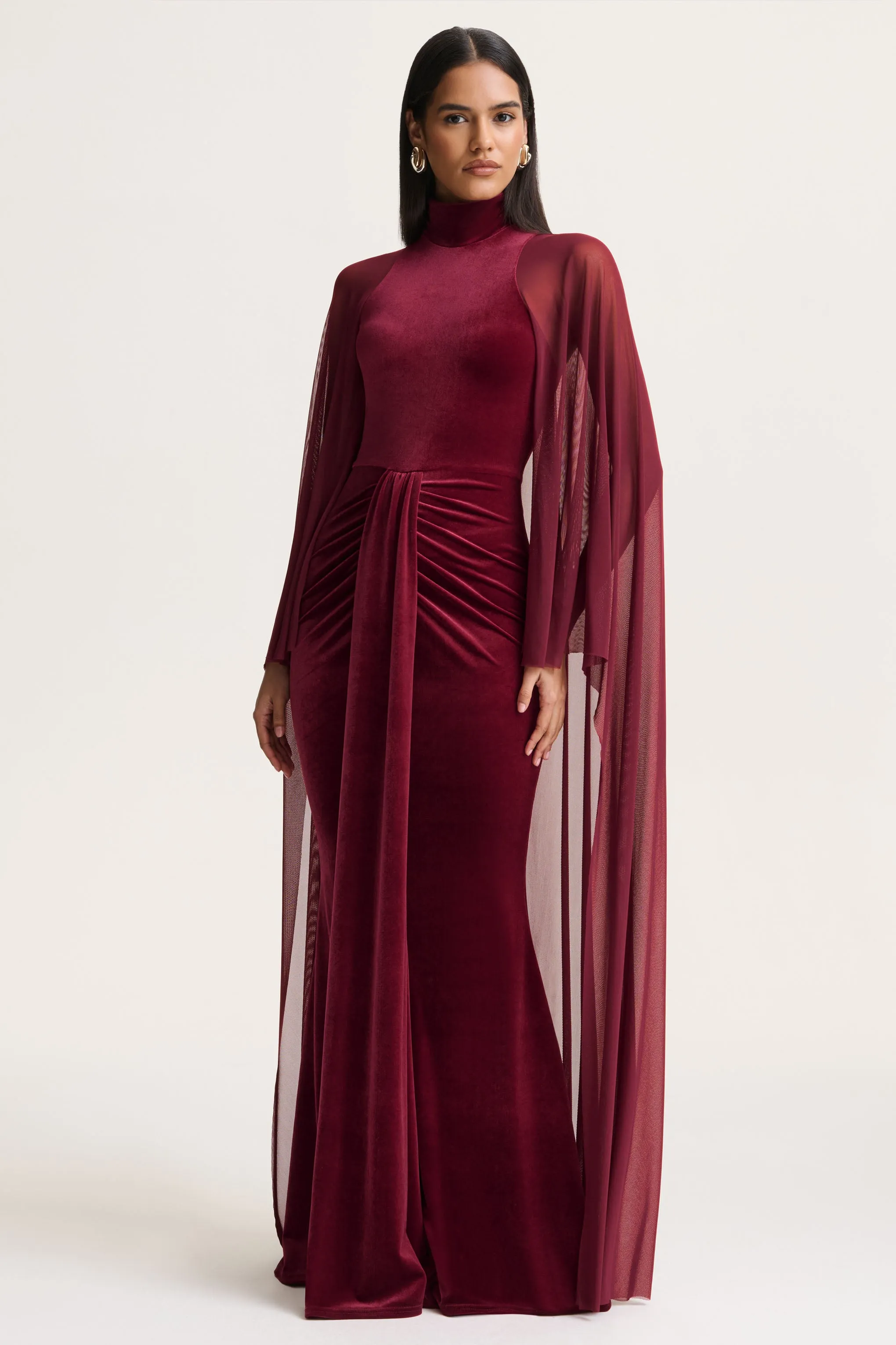 Adoring | Burgundy Velvet High-Neck Maxi Dress With Cape sold by Club L London product image thumbnail 4
