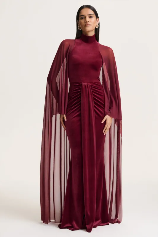 Adoring | Burgundy Velvet High-Neck Maxi Dress With Cape sold by Club L London