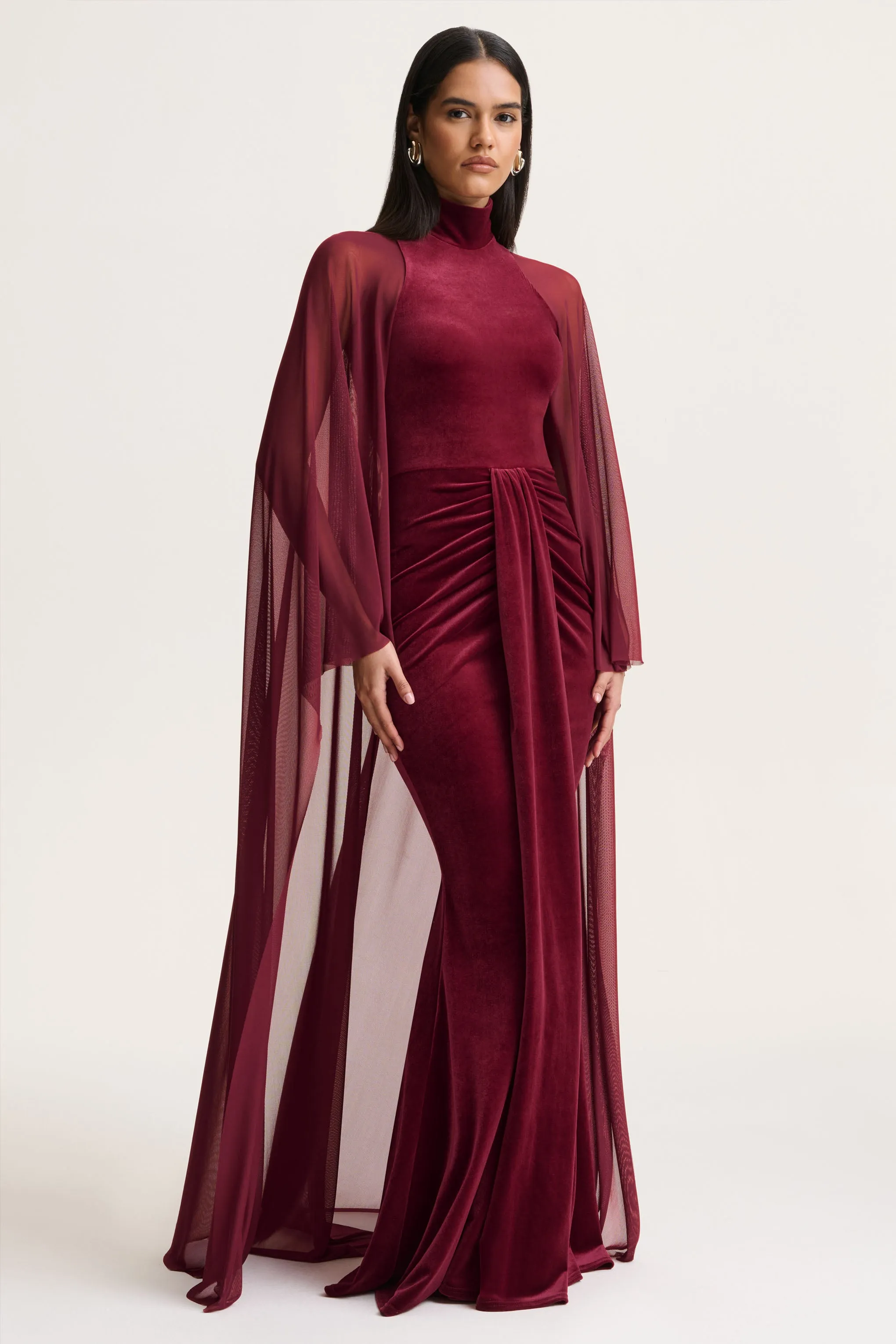 Adoring | Burgundy Velvet High-Neck Maxi Dress With Cape sold by Club L London product image thumbnail 5