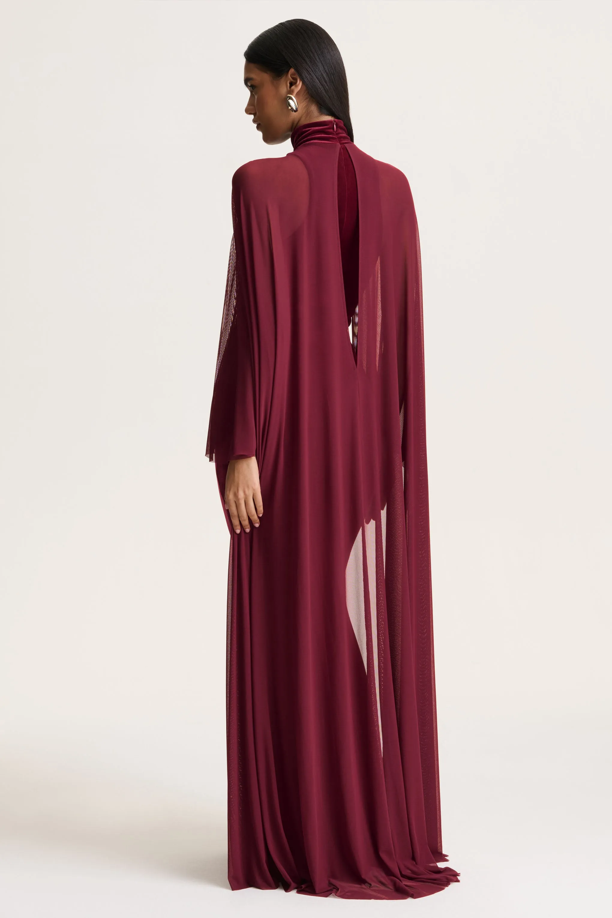 Adoring | Burgundy Velvet High-Neck Maxi Dress With Cape sold by Club L London product image thumbnail 2
