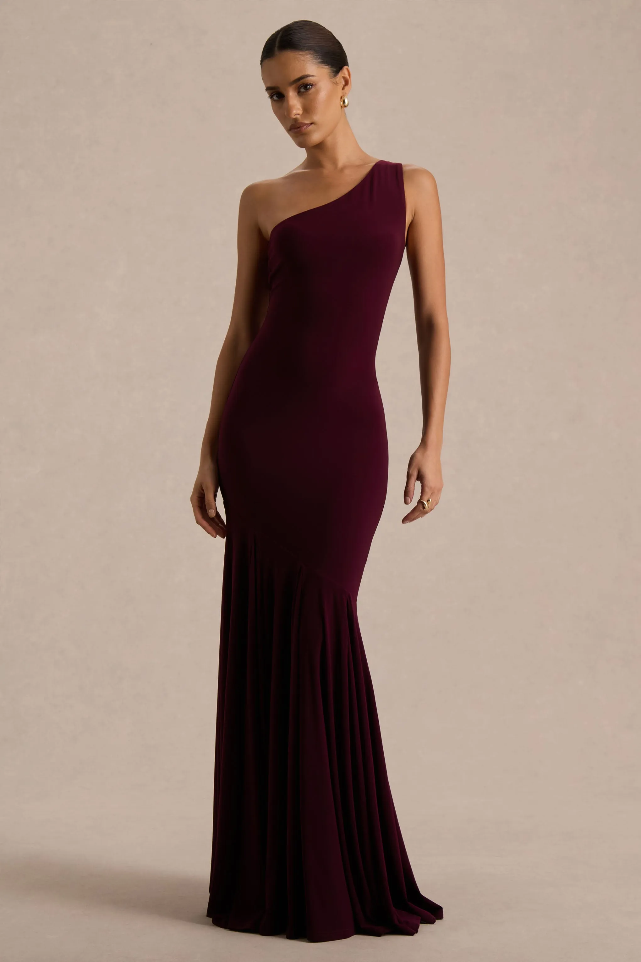 Zya | Dark Plum Asymmetric-Neck Fishtail Maxi Dress sold by Club L London product image thumbnail 3