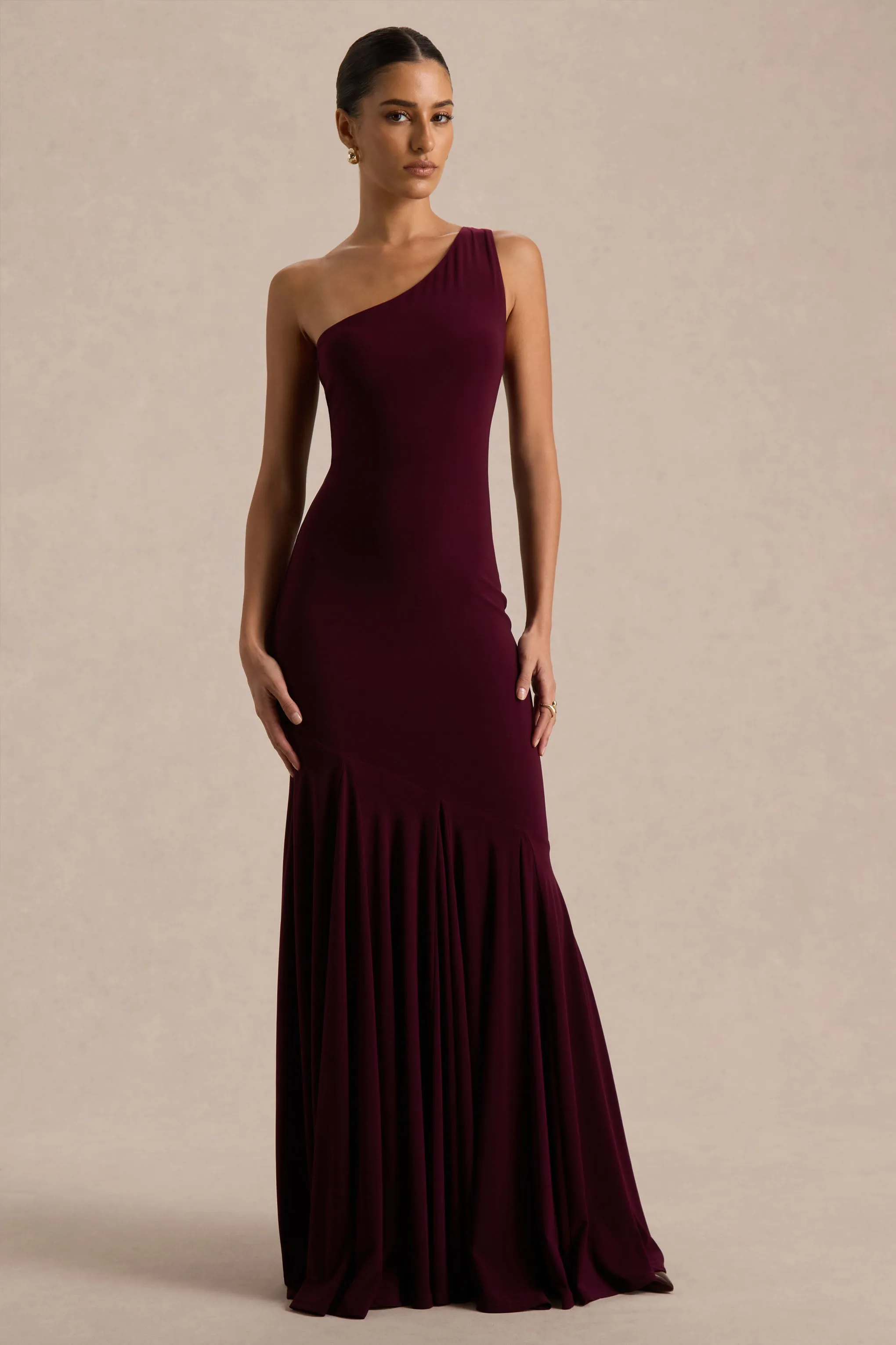 Zya | Dark Plum Asymmetric-Neck Fishtail Maxi Dress sold by Club L London product image thumbnail 4