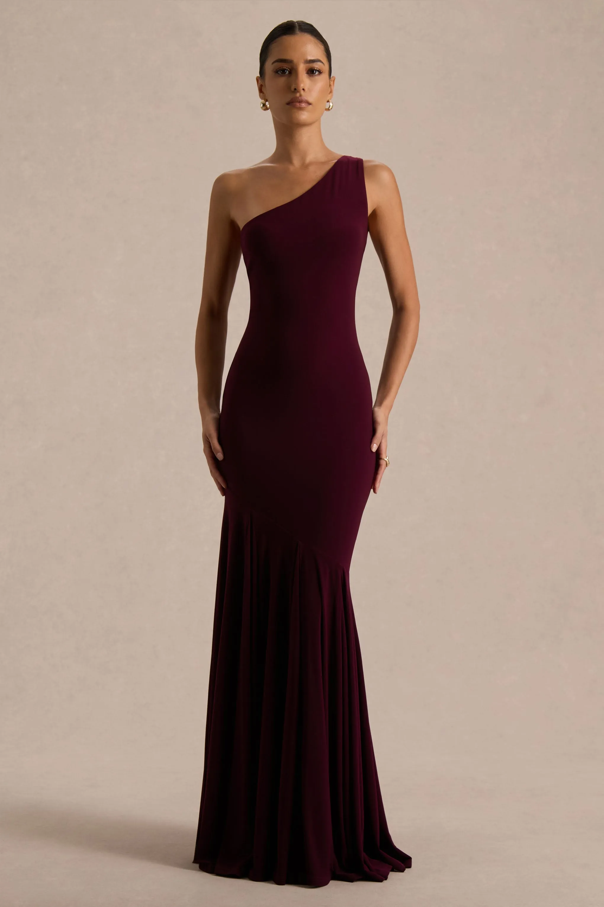 Zya | Dark Plum Asymmetric-Neck Fishtail Maxi Dress sold by Club L London