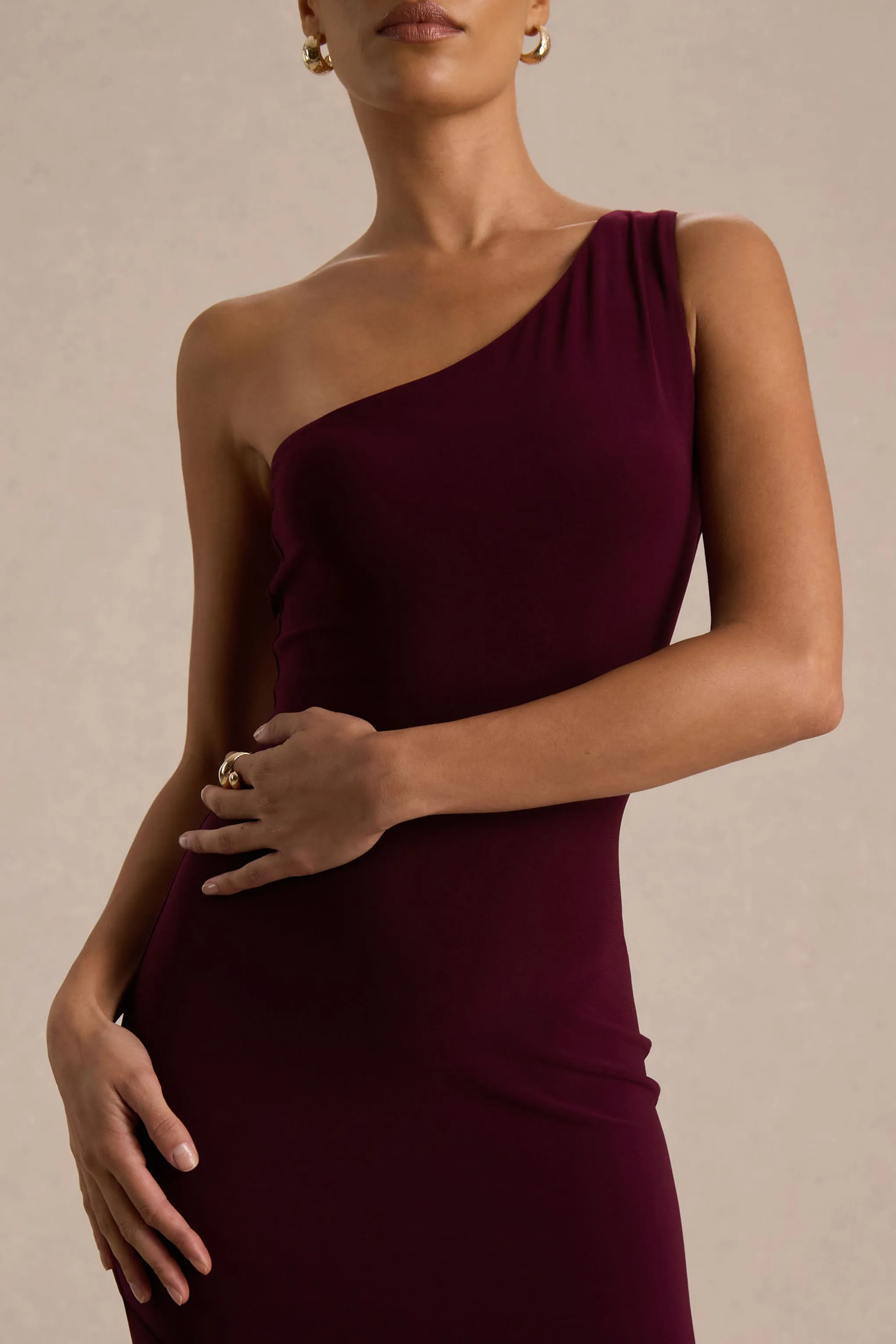 Zya | Dark Plum Asymmetric-Neck Fishtail Maxi Dress sold by Club L London product image thumbnail 5