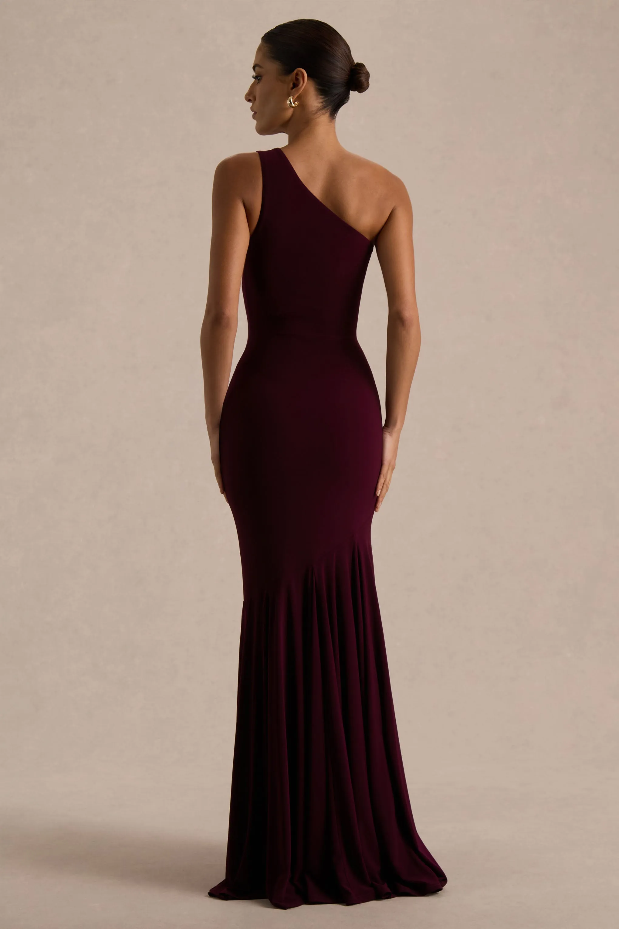Zya | Dark Plum Asymmetric-Neck Fishtail Maxi Dress sold by Club L London product image thumbnail 2