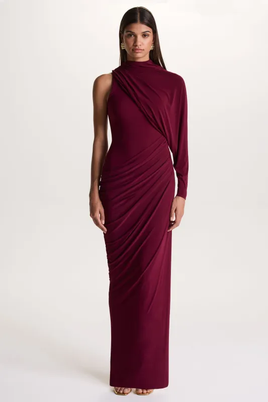 Aphra | Burgundy High-Neck Maxi Dress With Cape-Sleeve made by Club L London