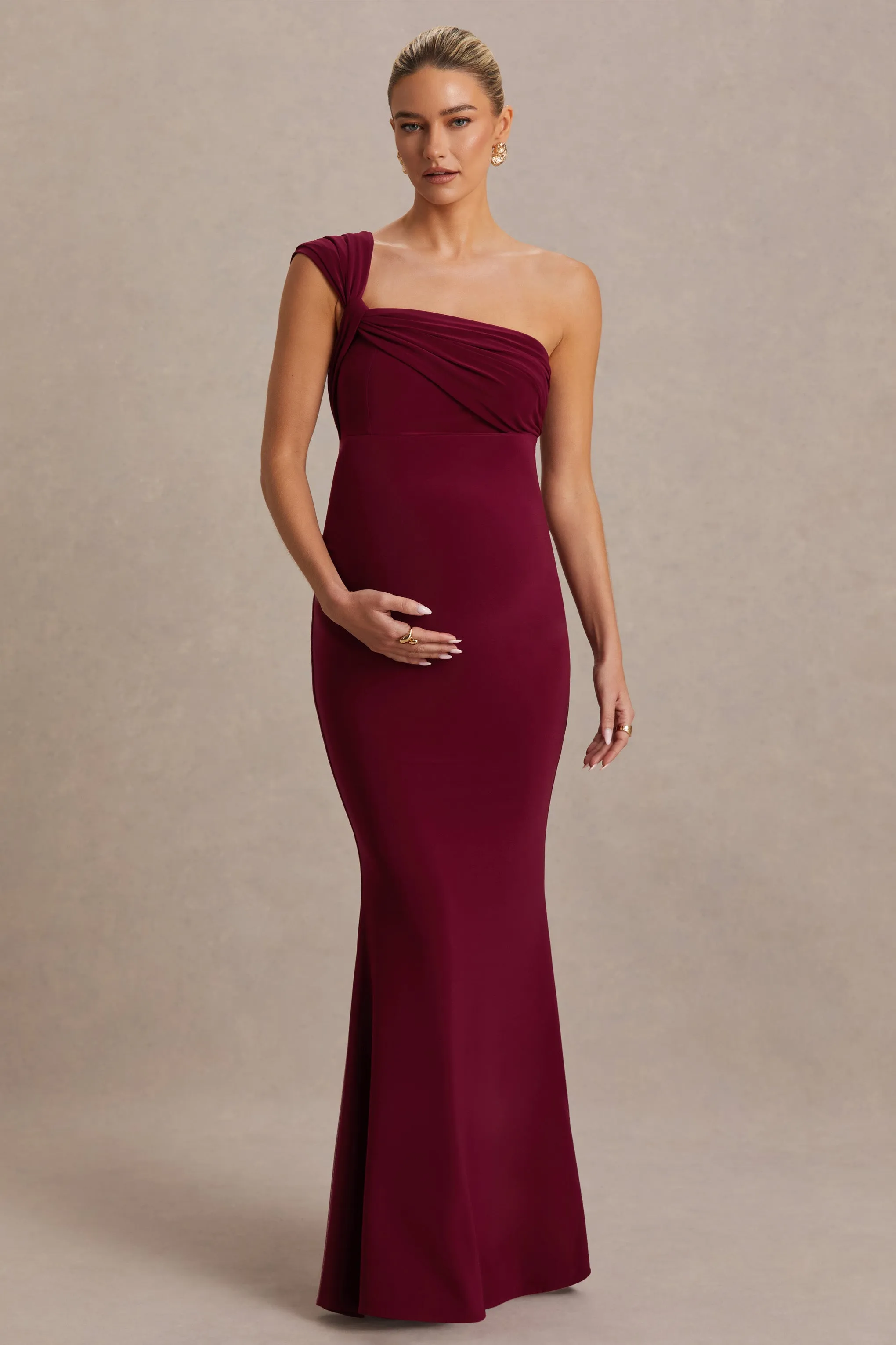 Mila | Burgundy Asymmetric-Neck Maternity Maxi Dress sold by Club L London product image thumbnail 3