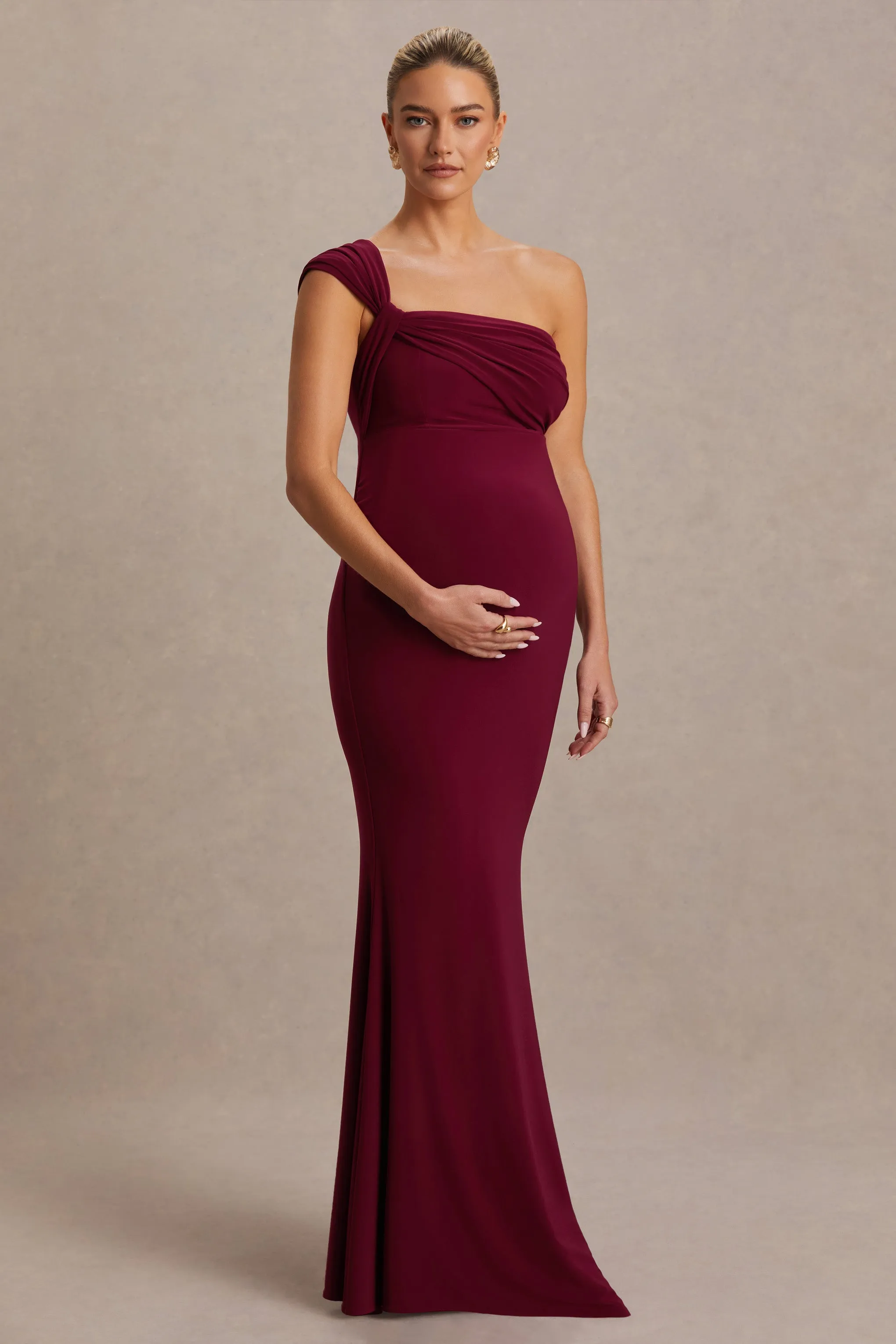 Mila | Burgundy Asymmetric-Neck Maternity Maxi Dress sold by Club L London product image thumbnail 4
