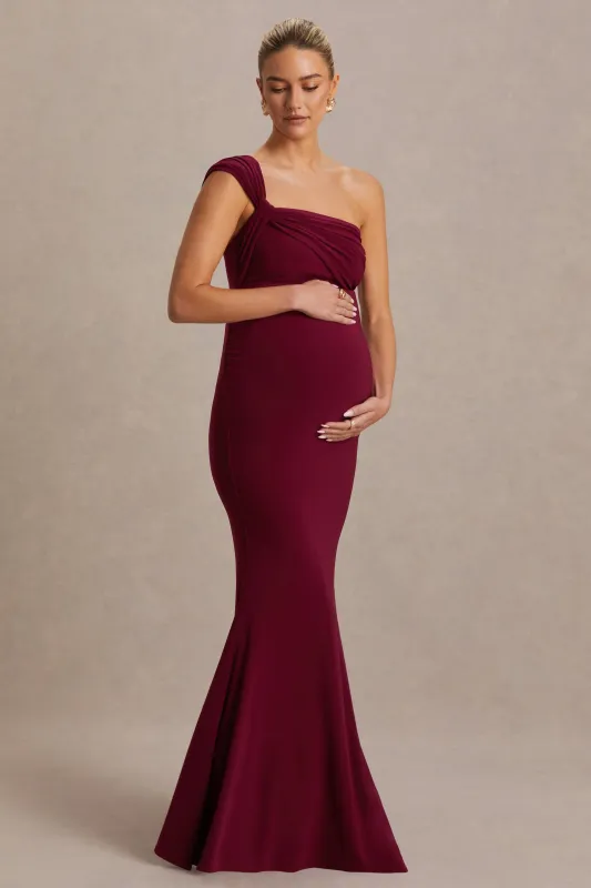 Mila | Burgundy Asymmetric-Neck Maternity Maxi Dress sold by Club L London