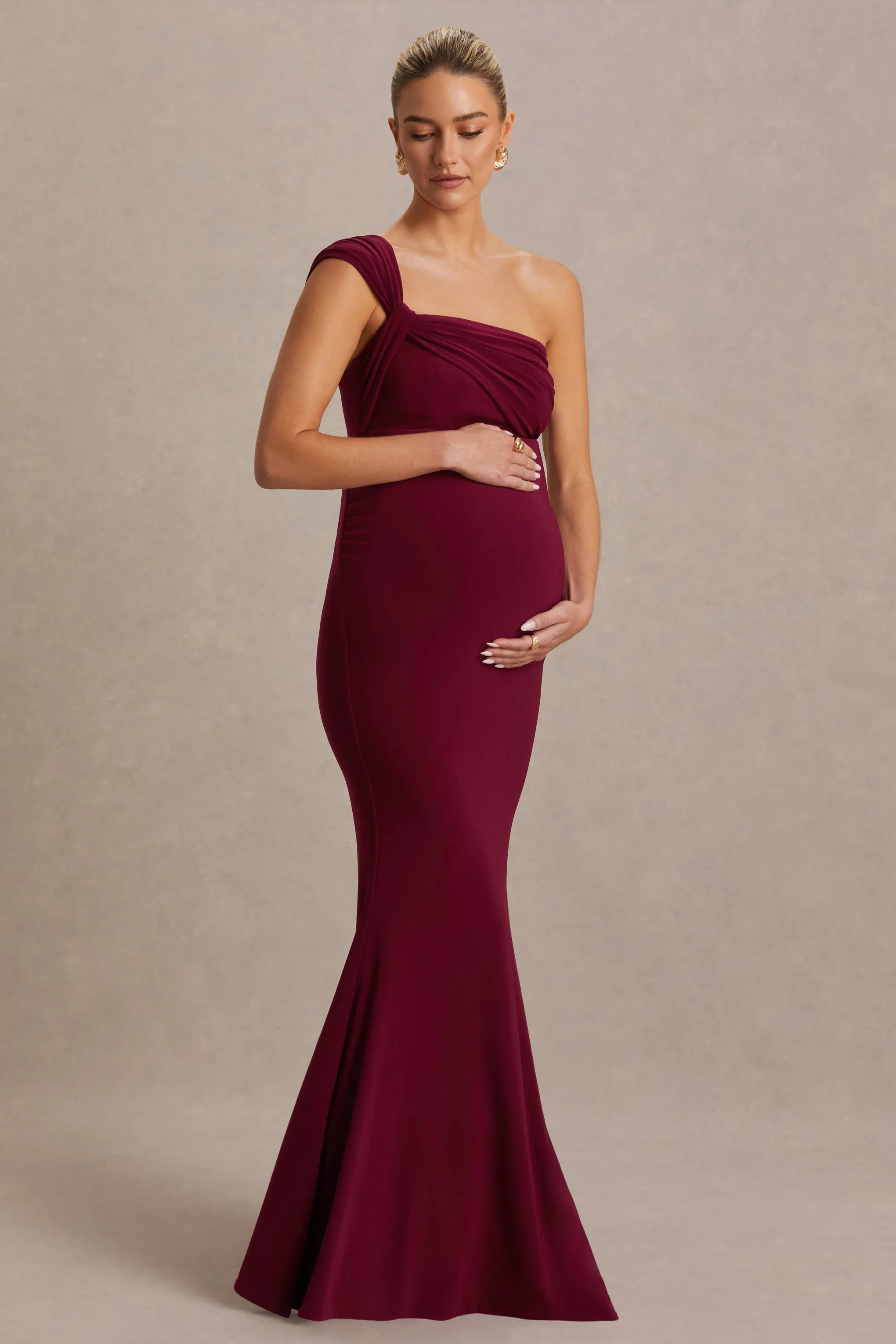 Mila | Burgundy Asymmetric-Neck Maternity Maxi Dress sold by Club L London