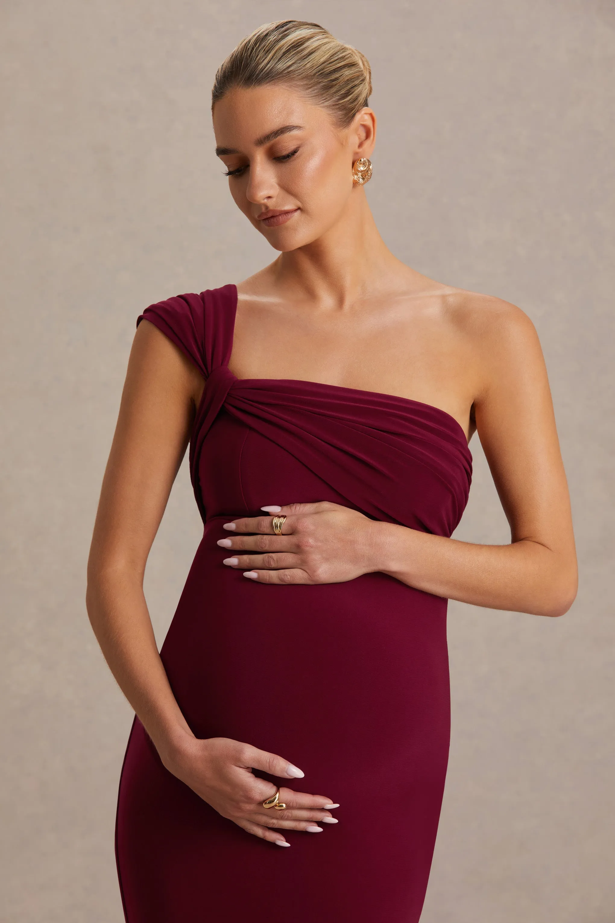 Mila | Burgundy Asymmetric-Neck Maternity Maxi Dress sold by Club L London product image thumbnail 5