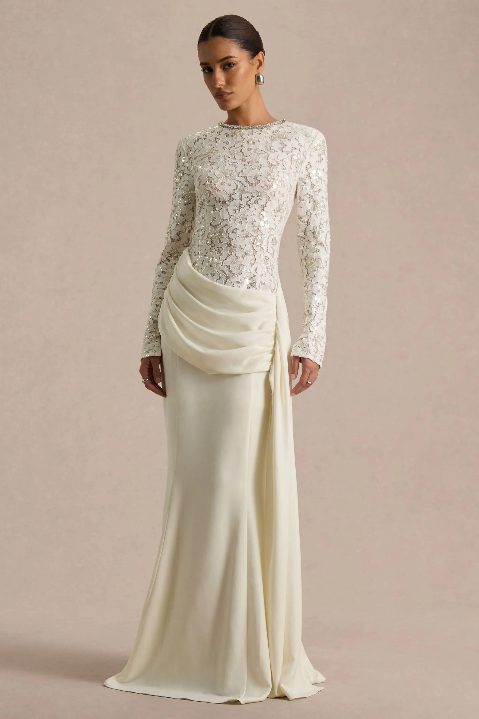 Beau | Ecru Lace Embellished Crew-Neck Maxi Dress With Draped Detail sold by Club L London product image thumbnail 3