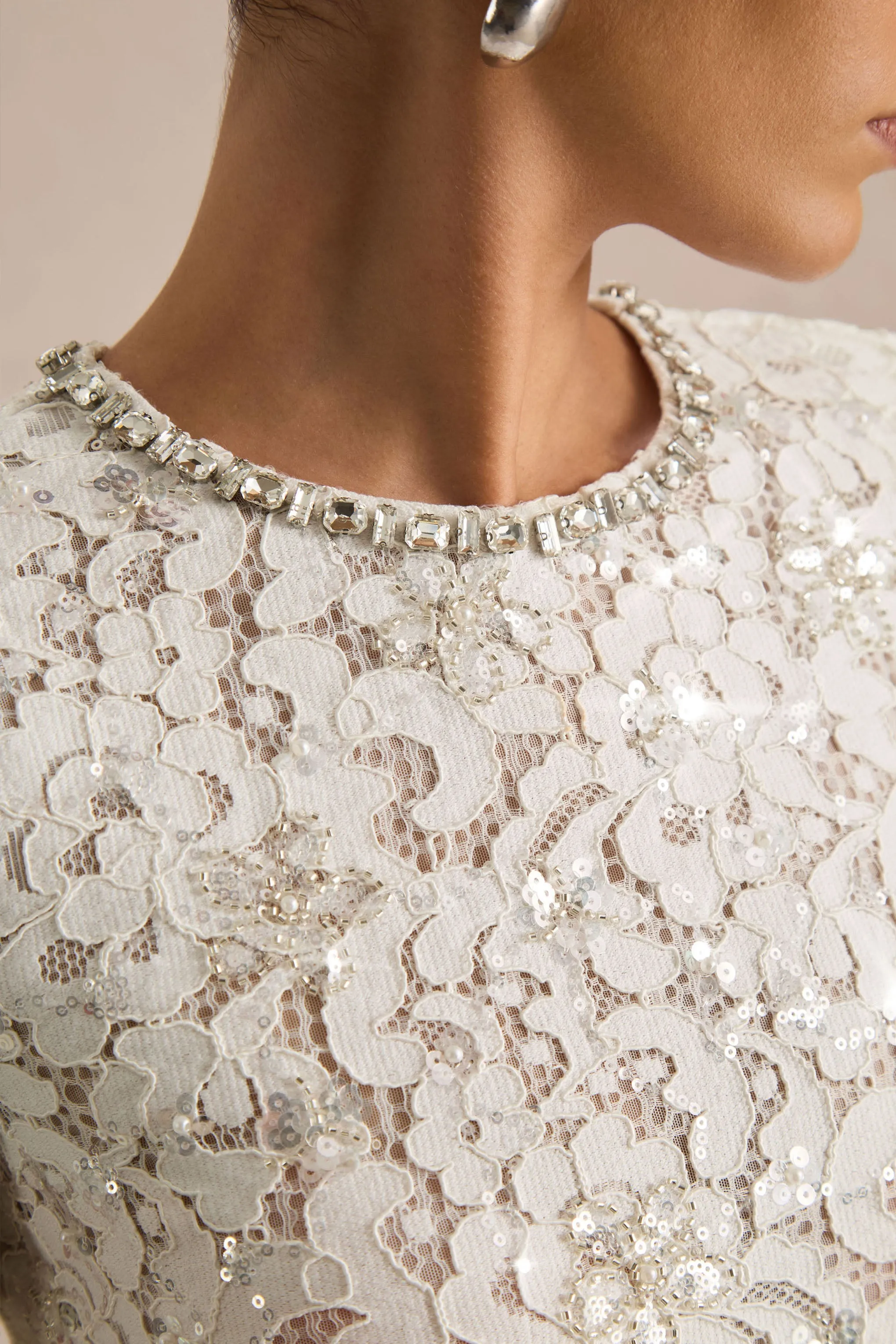 Beau | Ecru Lace Embellished Crew-Neck Maxi Dress With Draped Detail sold by Club L London product image thumbnail 4