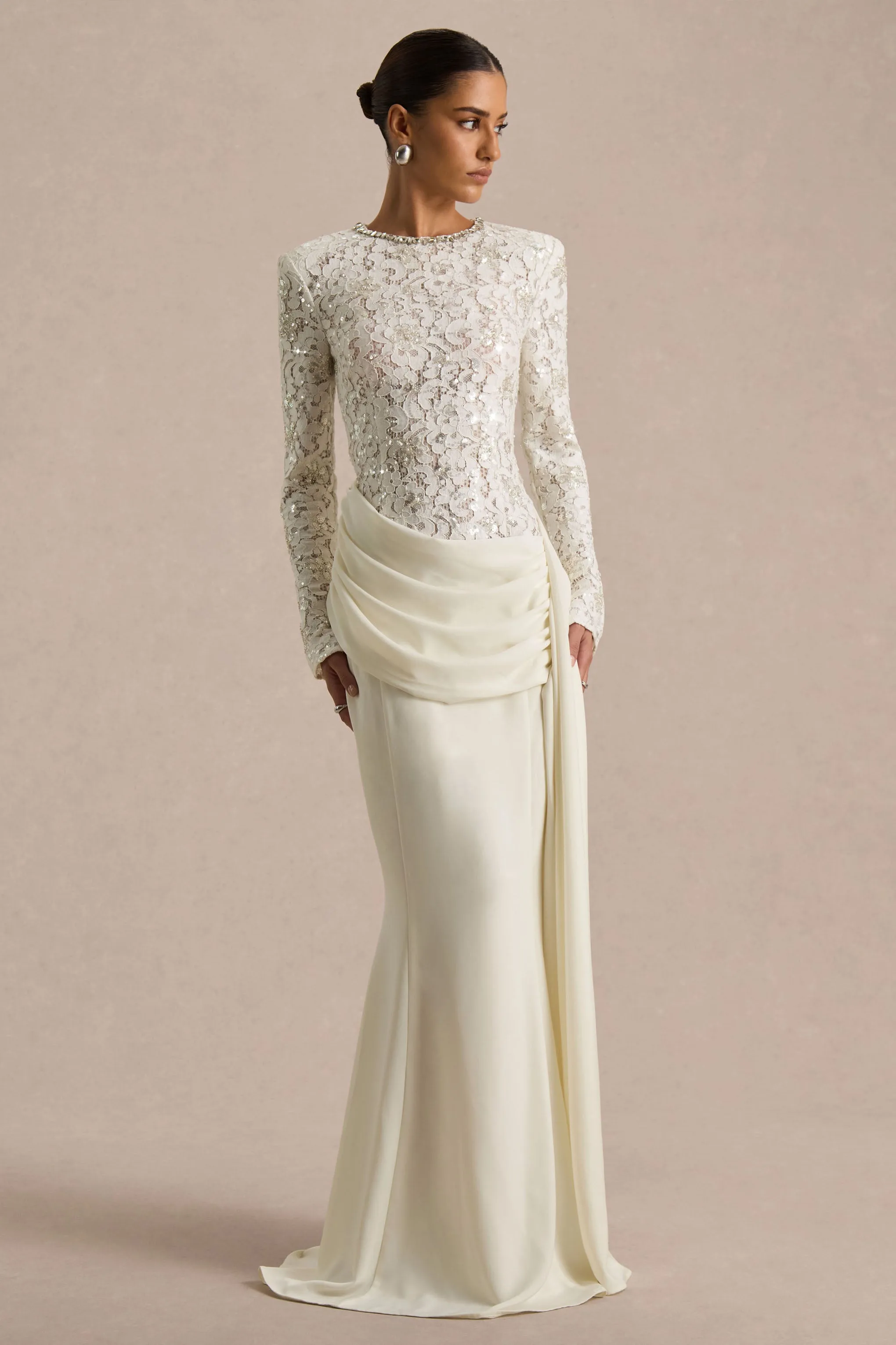 Beau | Ecru Lace Embellished Crew-Neck Maxi Dress With Draped Detail sold by Club L London