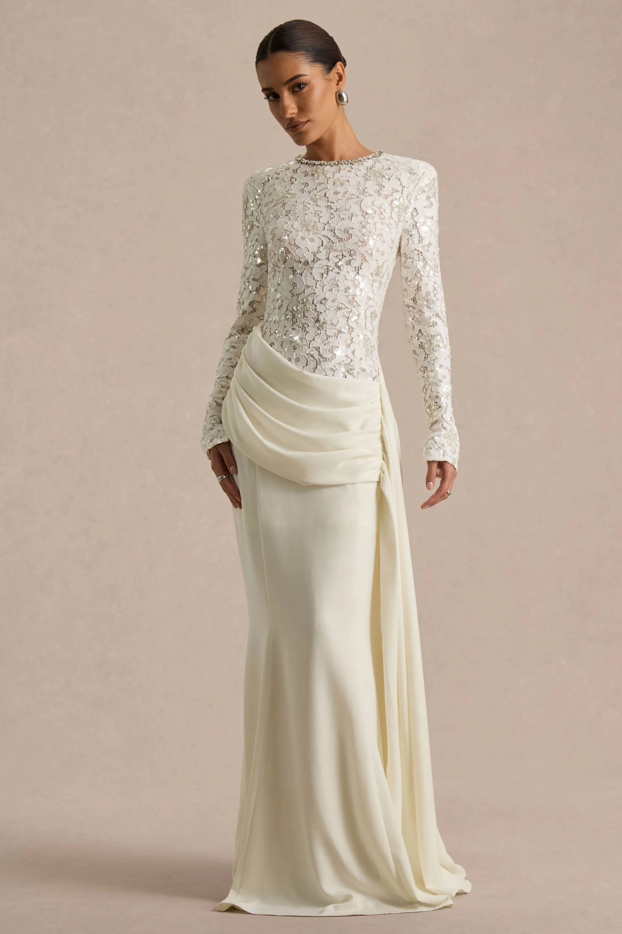 Beau | Ecru Lace Embellished Crew-Neck Maxi Dress With Draped Detail sold by Club L London product image thumbnail 5