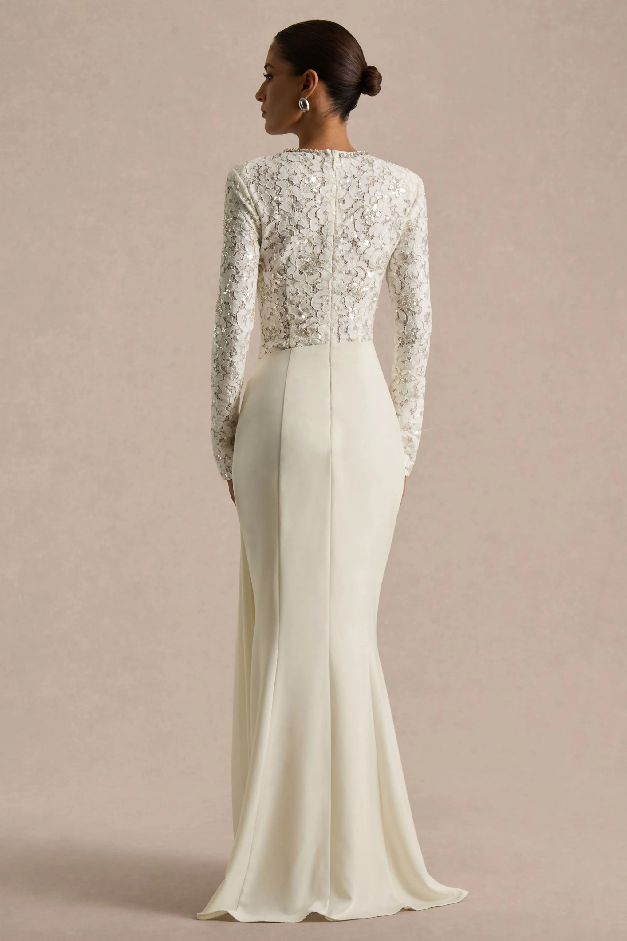 Beau | Ecru Lace Embellished Crew-Neck Maxi Dress With Draped Detail sold by Club L London product image thumbnail 2