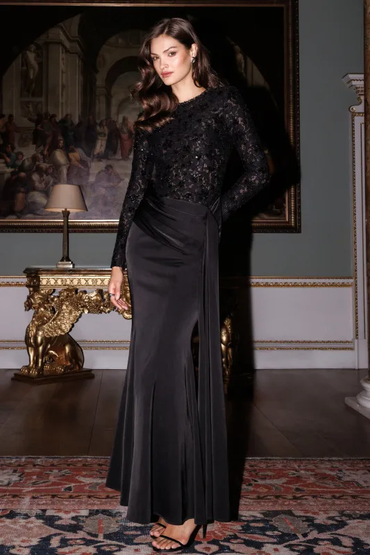 Beau | Black Lace High-Neck Maxi Dress With Draped Detail sold by Club L London