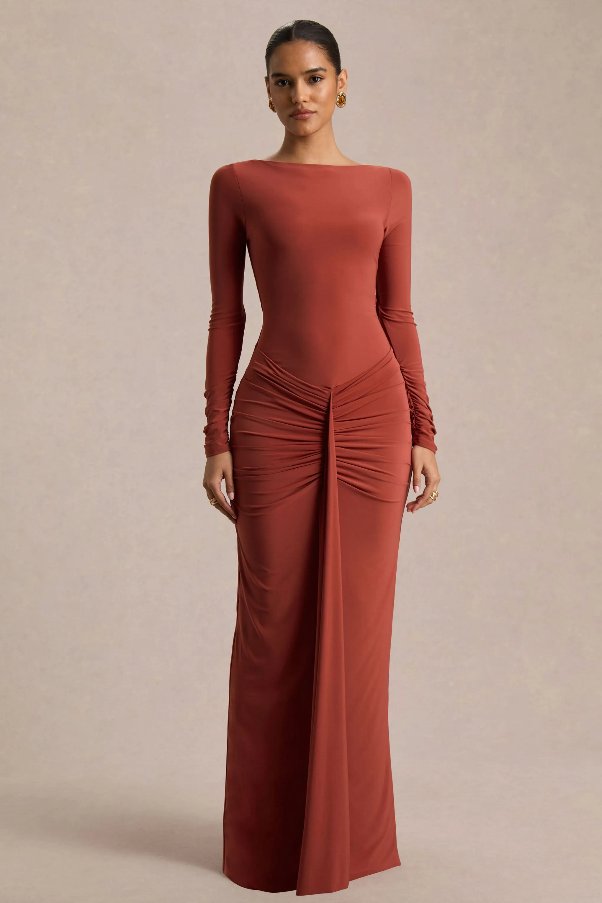 Matilda | Rust Boat-Neck Maxi Dress With Ruched Detailing sold by Club L London product image thumbnail 4