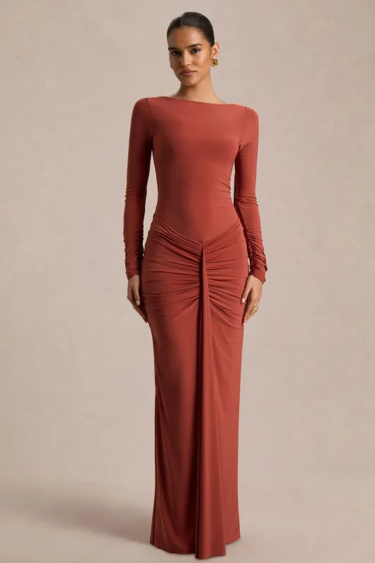 Matilda | Rust Boat-Neck Maxi Dress With Ruched Detailing sold by Club L London