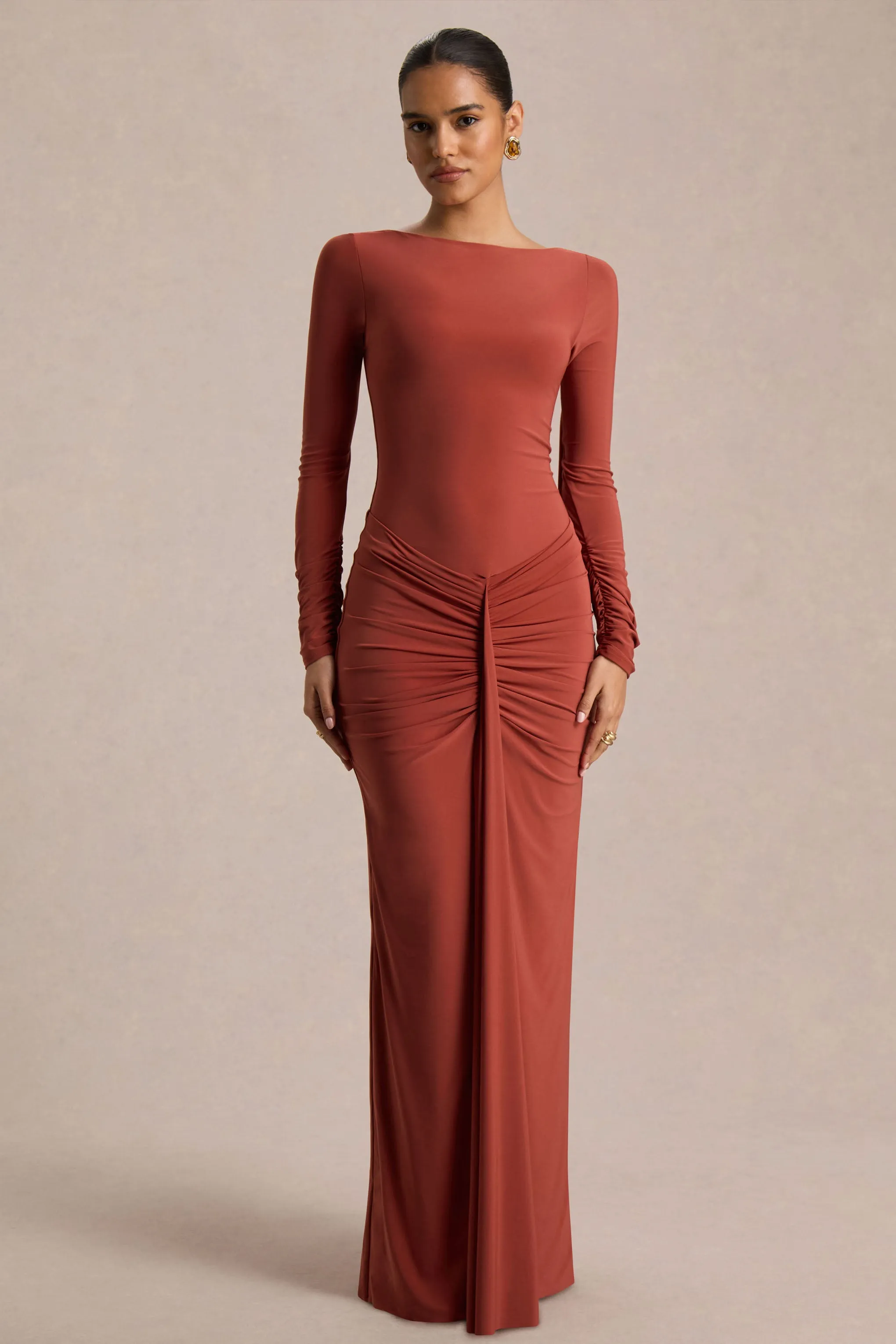 Matilda | Rust Boat-Neck Maxi Dress With Ruched Detailing sold by Club L London