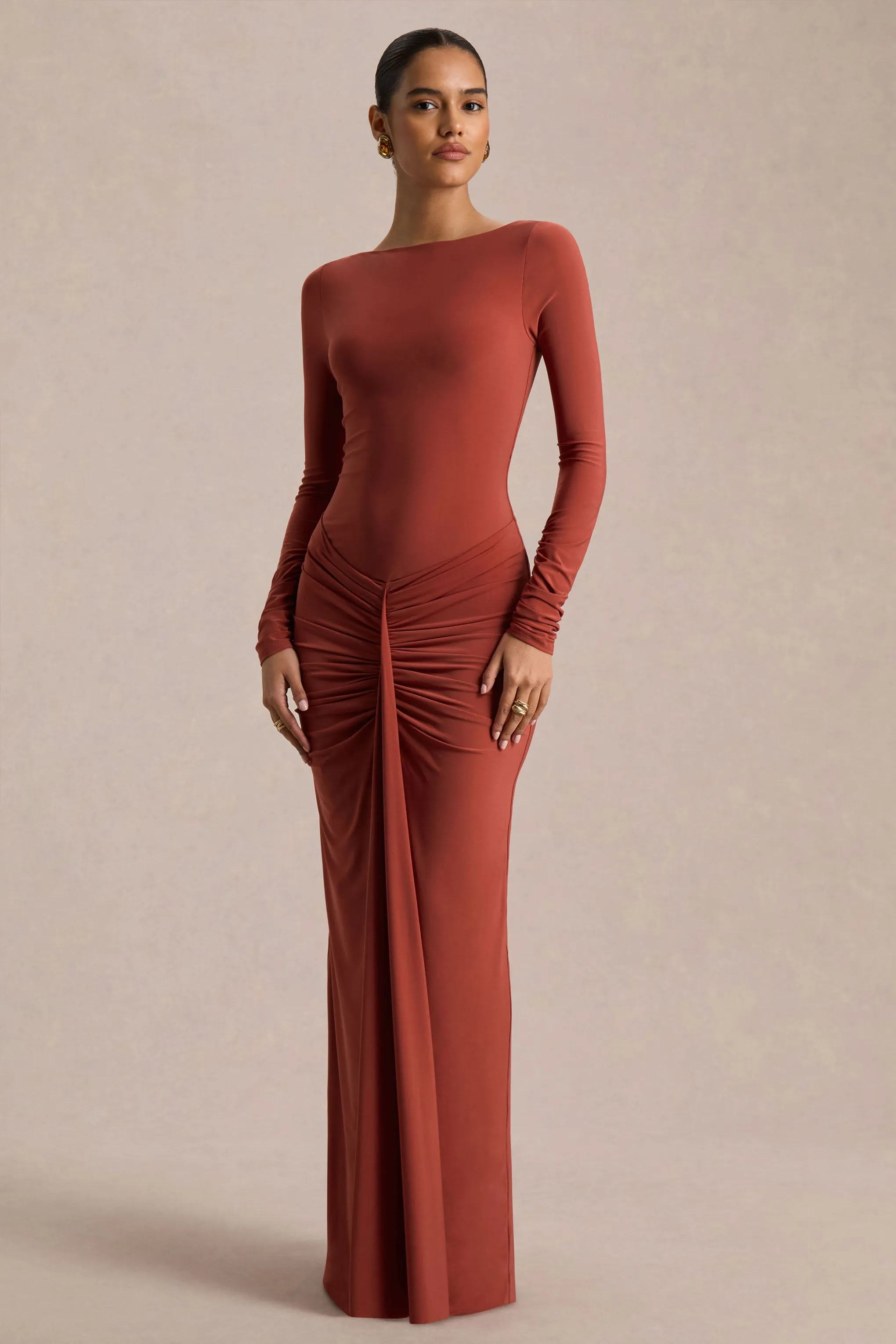 Matilda | Rust Boat-Neck Maxi Dress With Ruched Detailing sold by Club L London product image thumbnail 5